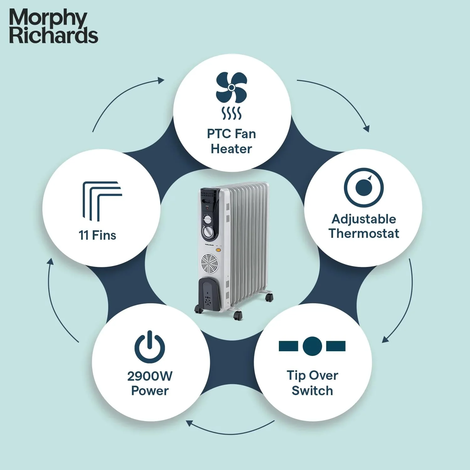 Morphy Richards OFR 11F 11-Fin 2900W Oil Filled Radiator Room Heater | Adjustable Thermostat | Safety Tilt &amp; Auto Thermal Shutoff | Castor Wheels for Easy Mobility | Silent Heating - Image 2