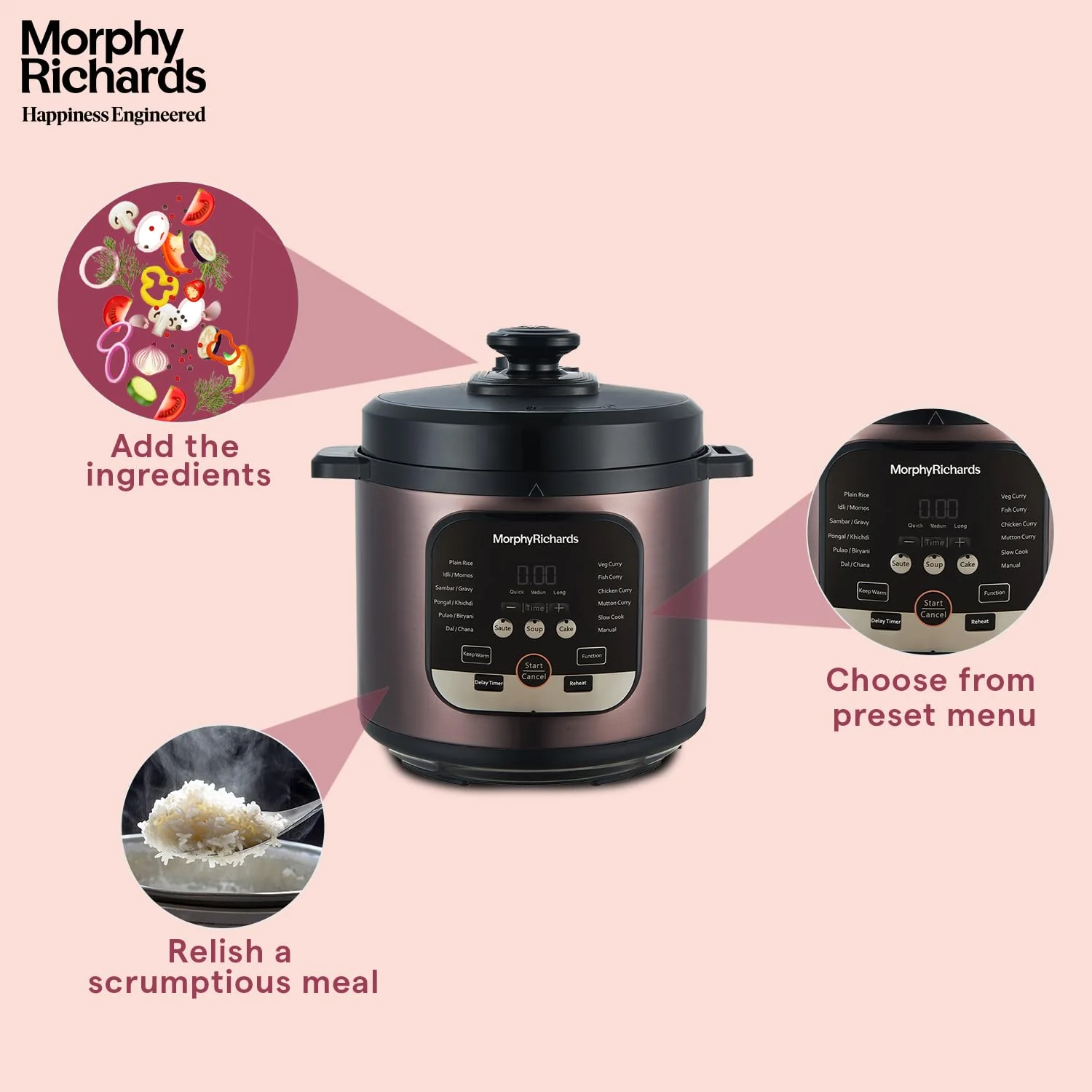 Morphy Richards WizPot 6 Litres 1000W Electric Pressure Cooker| 14-Preset Menu| Digital Display| Saves upto 70% Cooking Time| Customised Preset for Indian Cooking| Automatic Shut-Off| Metallic Brown - Image 2