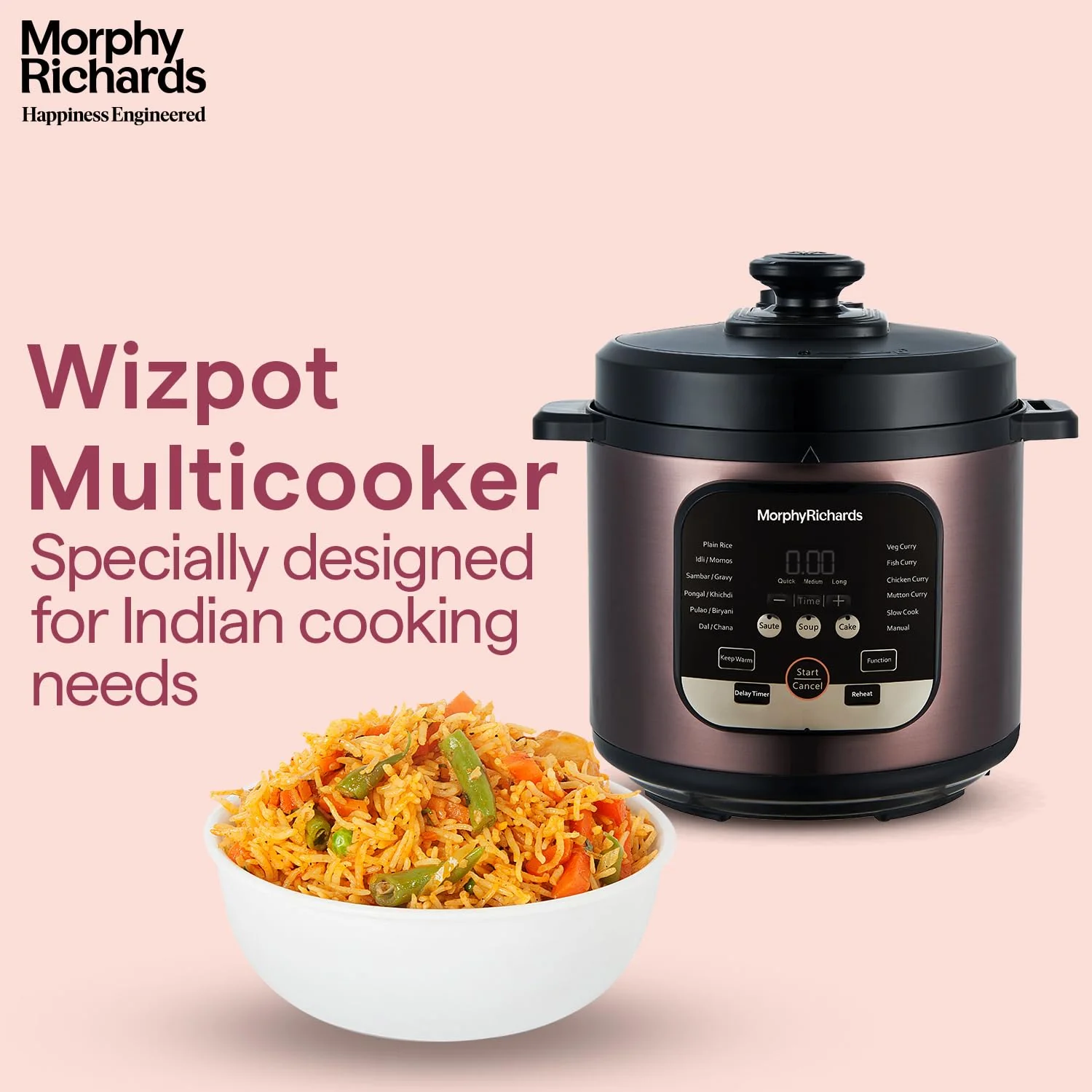 Morphy Richards WizPot 6 Litres 1000W Electric Pressure Cooker| 14-Preset Menu| Digital Display| Saves upto 70% Cooking Time| Customised Preset for Indian Cooking| Automatic Shut-Off| Metallic Brown - Image 4