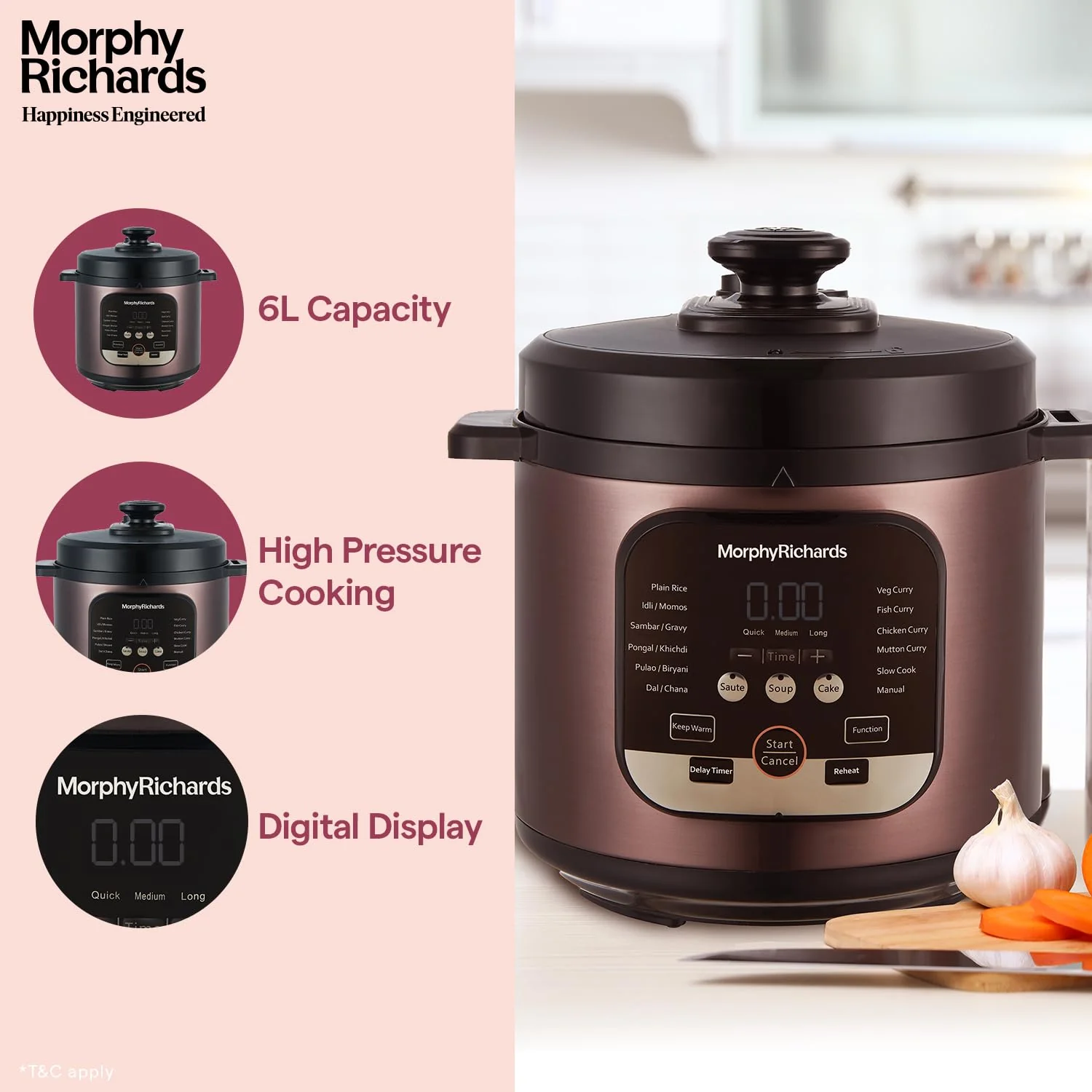 Morphy Richards WizPot 6 Litres 1000W Electric Pressure Cooker| 14-Preset Menu| Digital Display| Saves upto 70% Cooking Time| Customised Preset for Indian Cooking| Automatic Shut-Off| Metallic Brown - Image 5