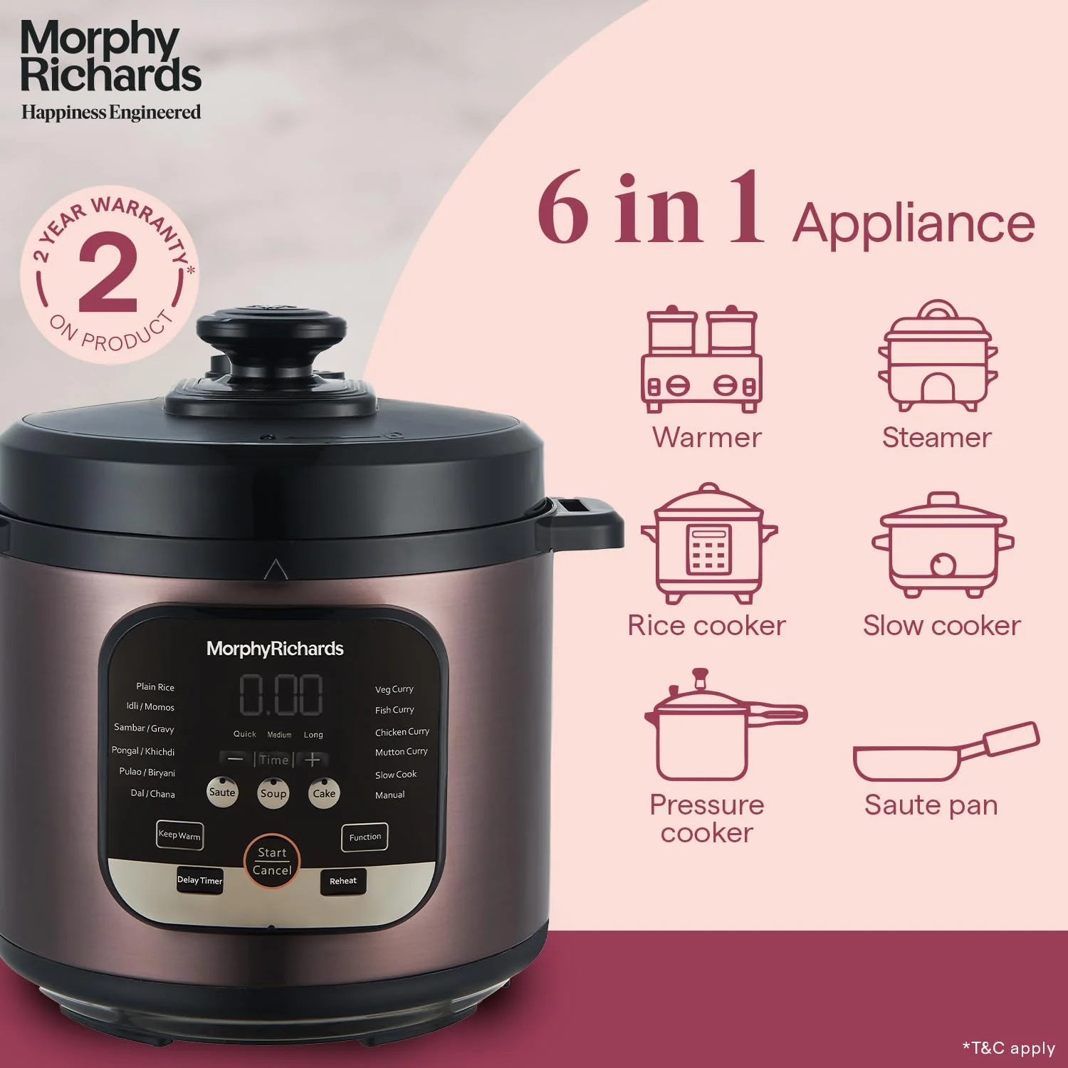 Morphy Richards WizPot 6 Litres 1000W Electric Pressure Cooker| 14-Preset Menu| Digital Display| Saves upto 70% Cooking Time| Customised Preset for Indian Cooking| Automatic Shut-Off| Metallic Brown - Image 6