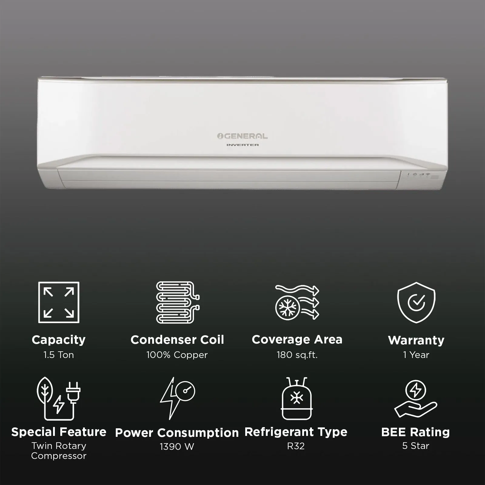 O-GENERAL 1.5 Ton 5 Star Inverter Split AC (2025 Model) | Powerful Cooling | Copper Condenser | PM 2.5 Filter (ASGG18CETB-B) - Image 2