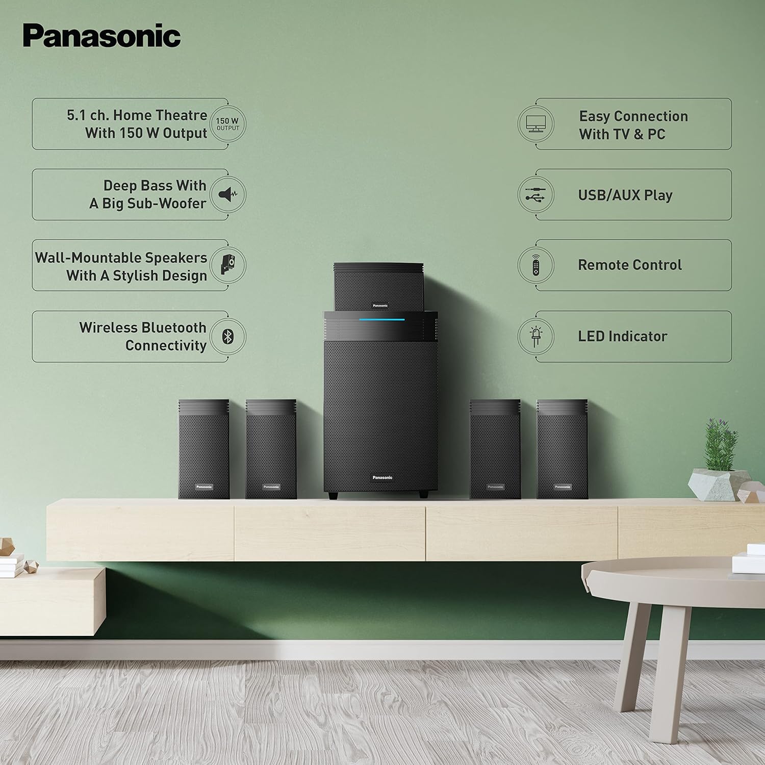 Panasonic SC-HT550GW-K 5.1 Ch Home Theatre with Real Surround Sound, 150 W, Bluetooth, USB, AUX, RCA, Powerful Subwoofer, Wall mountable Speakers, Remote for Volume &amp; Bass Control (Black) - Image 5