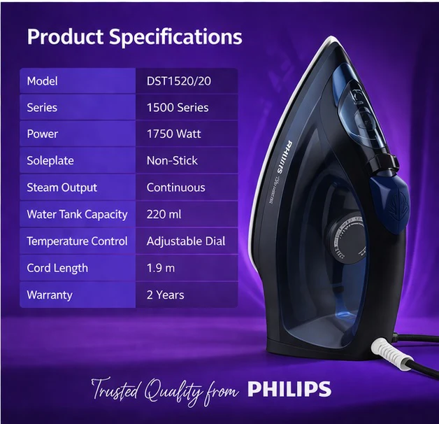 PHILIPS DST1520/20 1750 W Steam Iron (Black) - Image 6