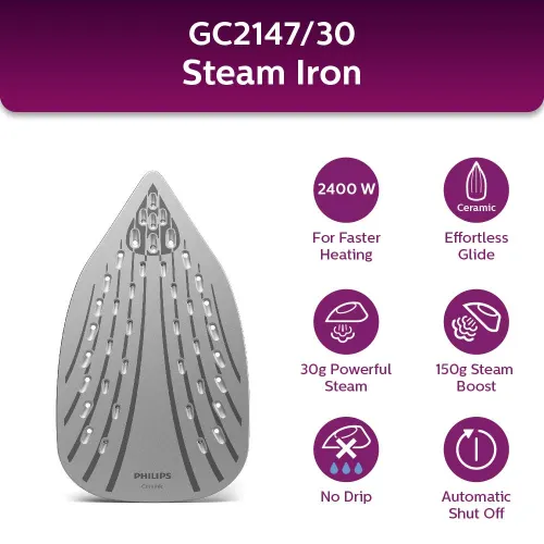 Philips EasySpeed Plus Steam Iron with Durable Ceramic Soleplate, Drip-stop System, Triple Precision Tip, Calc-clean Slider (Purple, GC2147/30) - Image 3