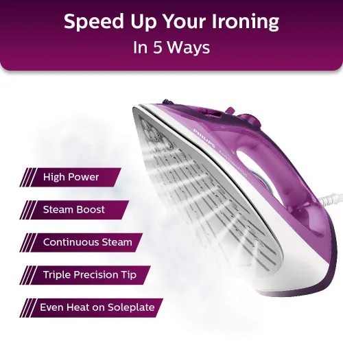 Philips EasySpeed Plus Steam Iron with Durable Ceramic Soleplate, Drip-stop System, Triple Precision Tip, Calc-clean Slider (Purple, GC2147/30) - Image 4