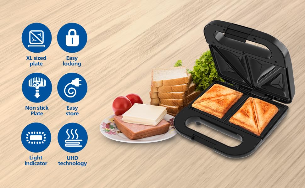 Philips HD1000/00 XL Sandwich Maker | 800W | Non-Stick Coated Plates | UHD Technology | Easy Locking | Black with Metallic Finish - Image 3