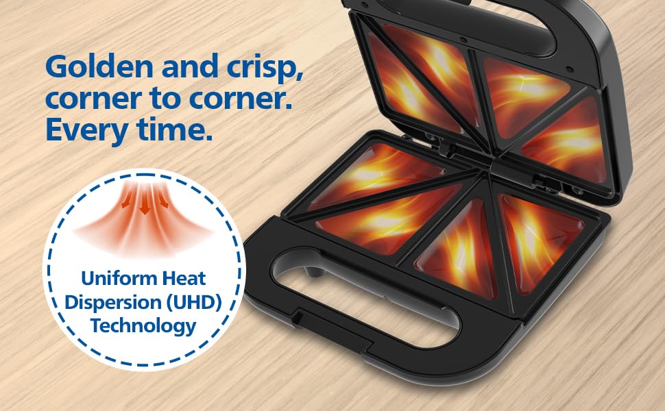 Philips HD1000/00 XL Sandwich Maker | 800W | Non-Stick Coated Plates | UHD Technology | Easy Locking | Black with Metallic Finish - Image 4