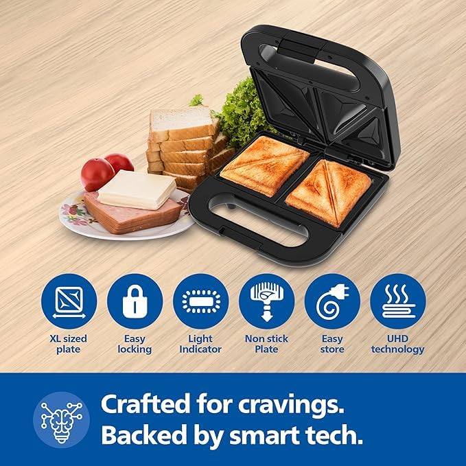 Philips HD1000/00 XL Sandwich Maker | 800W | Non-Stick Coated Plates | UHD Technology | Easy Locking | Black with Metallic Finish - Image 5