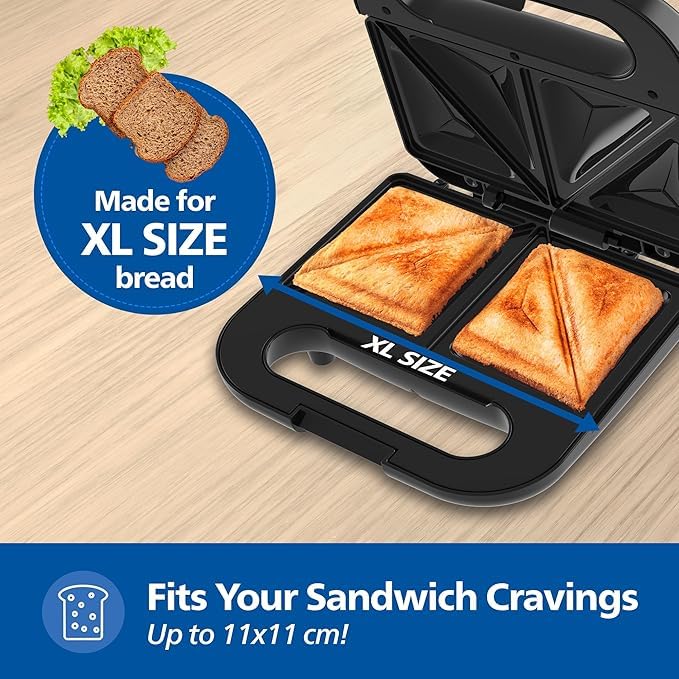 Philips HD1000/00 XL Sandwich Maker | 800W | Non-Stick Coated Plates | UHD Technology | Easy Locking | Black with Metallic Finish - Image 6