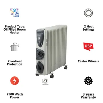 Russell Hobbs EOFR 2900 (ROR15F, Grey) 2900 W | Oil Filled Radiator Electric Room Heater | ISI Approved Oil Filled Room Heater (Open Box / Without Box) - Image 3
