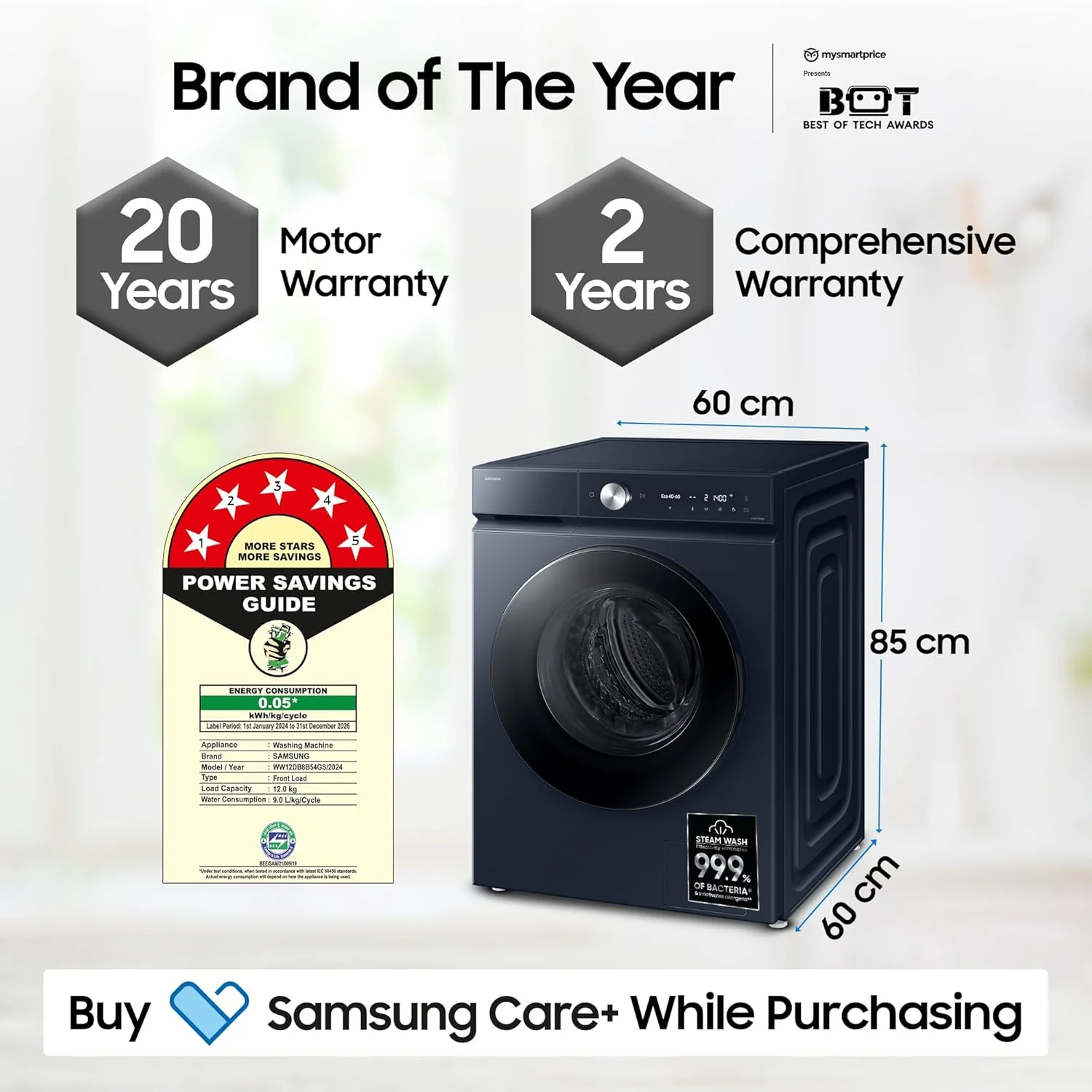Samsung 12 kg, 5 Star, AI Control, Super Speed, Wi-Fi, Hygiene Steam with Inbuilt Heater, Digital Inverter, Fully-Automatic Front Load Washing Machine (WW12DB8B54GSTL, Navy) - Image 6