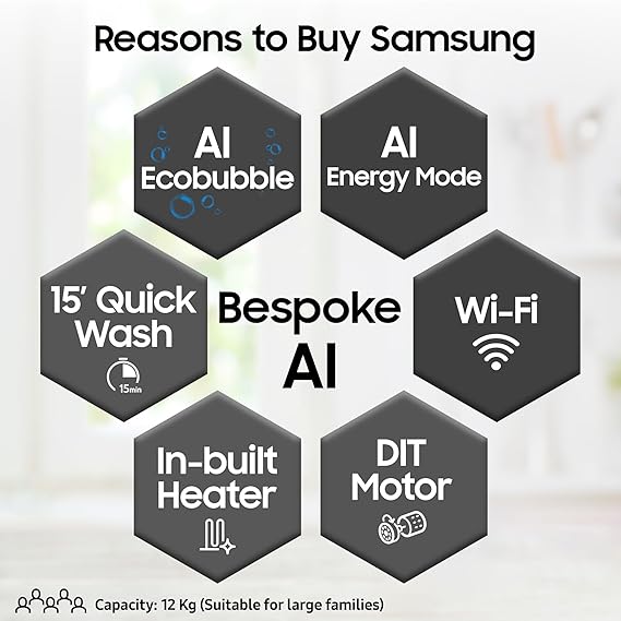 Samsung 12 kg, 5 Star, AI Ecobubble, Super Speed, Wi-Fi, Hygiene Steam with Inbuilt Heater, Digital Inverter, Fully-Automatic Front Load Washing Machine (WW12DG5B24ABTL, Black) - Image 4