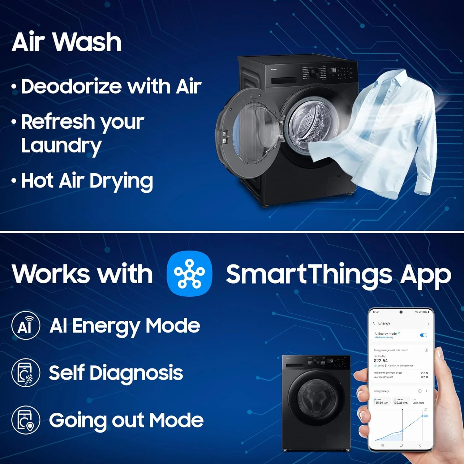 Samsung 12 kg (Wash) / 7 kg (Dry), 5 Star, AI EcoBubble, AI Energy Mode, Air Wash, Super Speed, Hygiene Steam, Wi-Fi, Digital Inverter, Fully-Automatic Front Load Washer Dryer (WD12FG5B34BBTL, Black) - Image 10