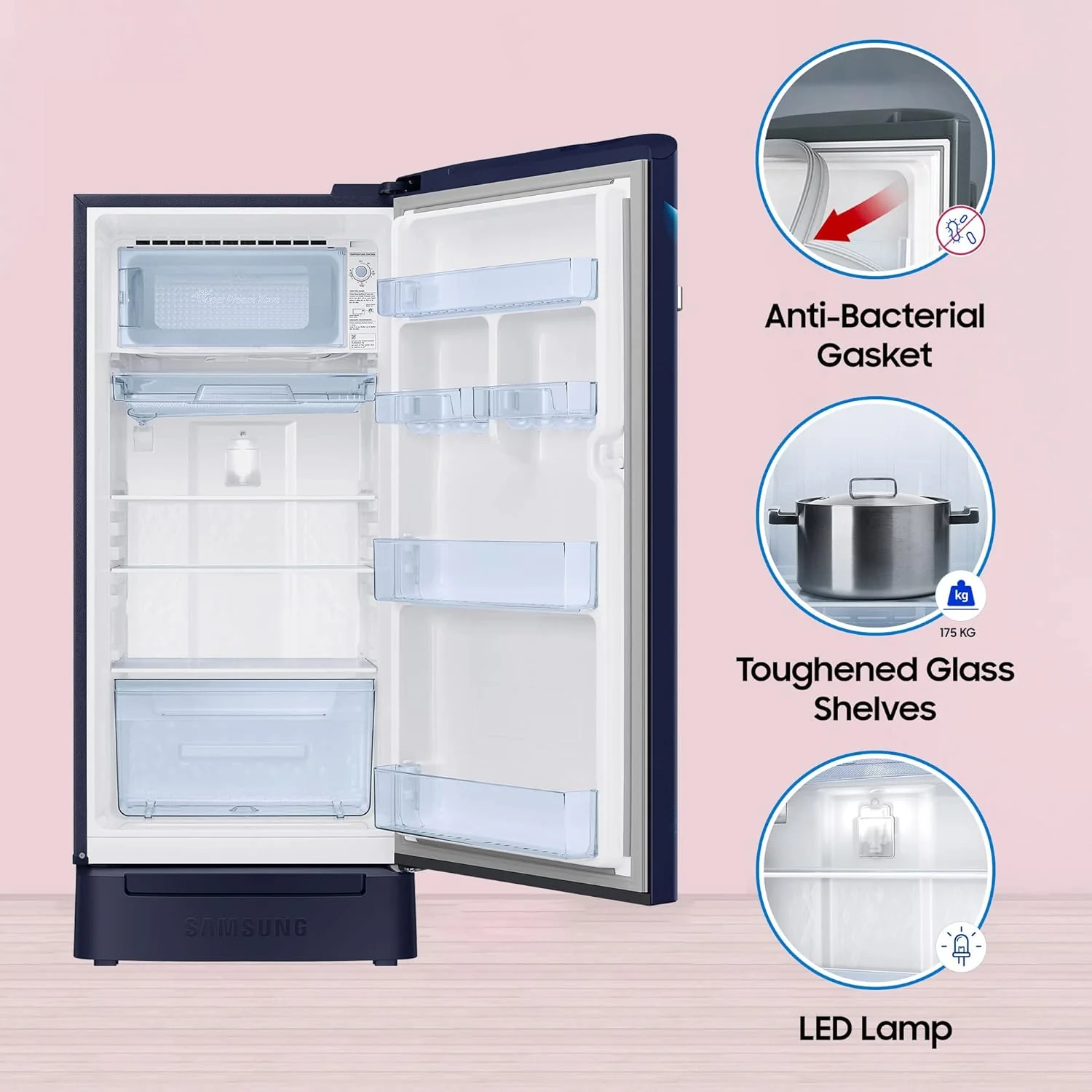 Samsung 189L 5 Star, Inverter, Direct-Cool Single Door Refrigerator (RR21C2H25UZ/HL,Midnight Blossom Blue) Base Stand Drawer - Image 10