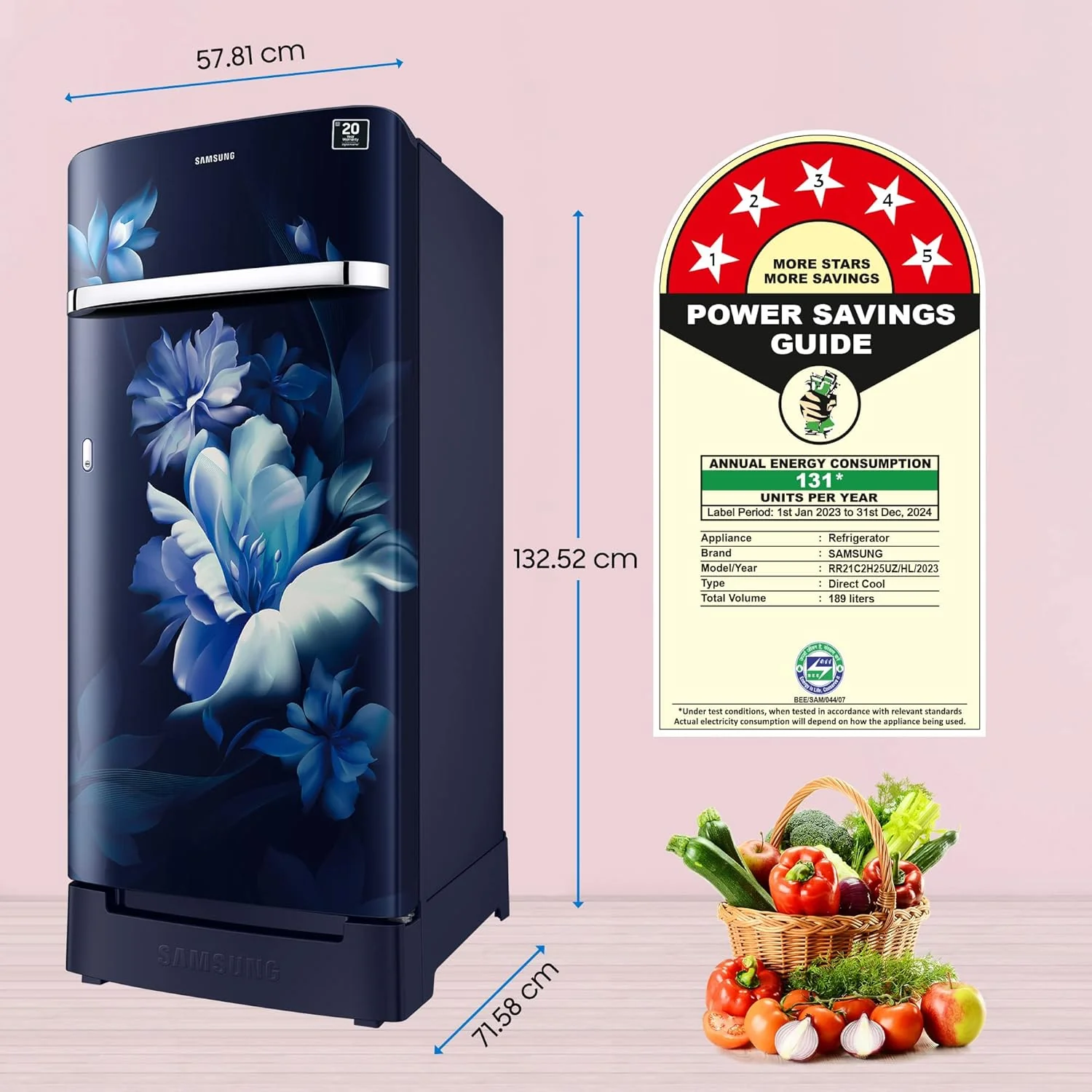 Samsung 189L 5 Star, Inverter, Direct-Cool Single Door Refrigerator (RR21C2H25UZ/HL,Midnight Blossom Blue) Base Stand Drawer - Image 11