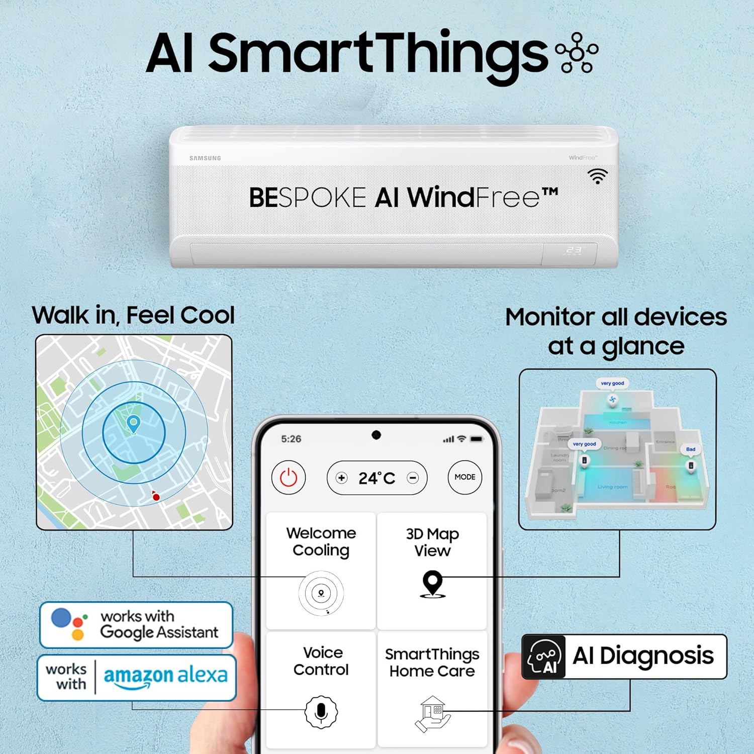 Samsung 2 Ton 3 Star AI Inverter Smart Windfree Split AC (BESPOKE AI, Energy Saving, Wi-Fi, Voice Control, Powerful Cooling, 100% Copper,4 Way swing, Convertible 5in1, AR60F24D13WNNA, White) - Image 6