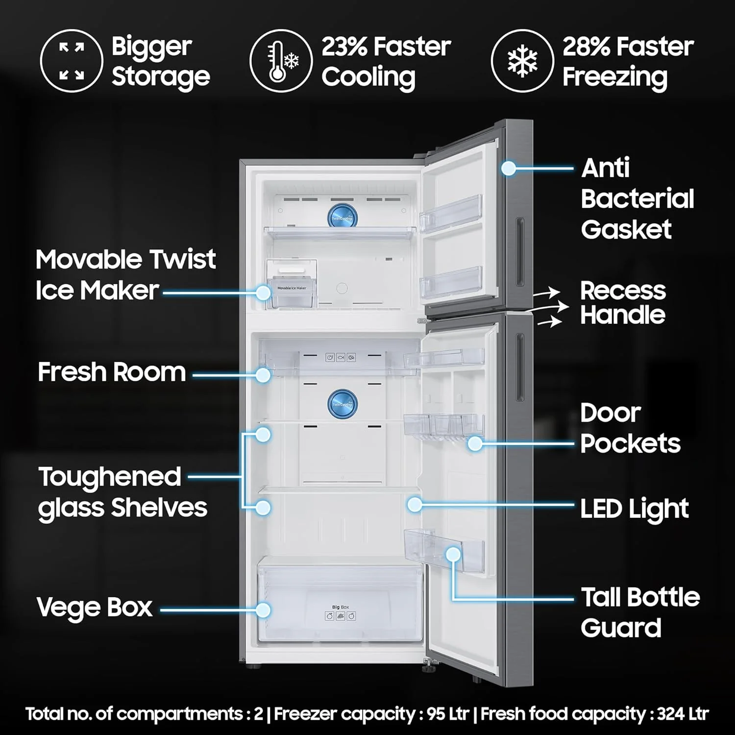 Samsung 419 L, 2 Star, Convertible 5-in-1, Digital Inverter, Frost Free Double Door, Bespoke AI WiFi Enabled Refrigerator (RT45DB6A4B22, Silver, Elegant Inox) - Image 7