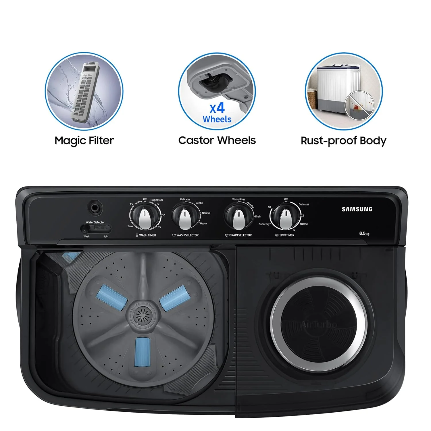 Samsung 8.5 Kg 5 Star Semi Automatic Top Load Washing Machine (WT85B4200GD/TL,DARK GRAY) - Image 10