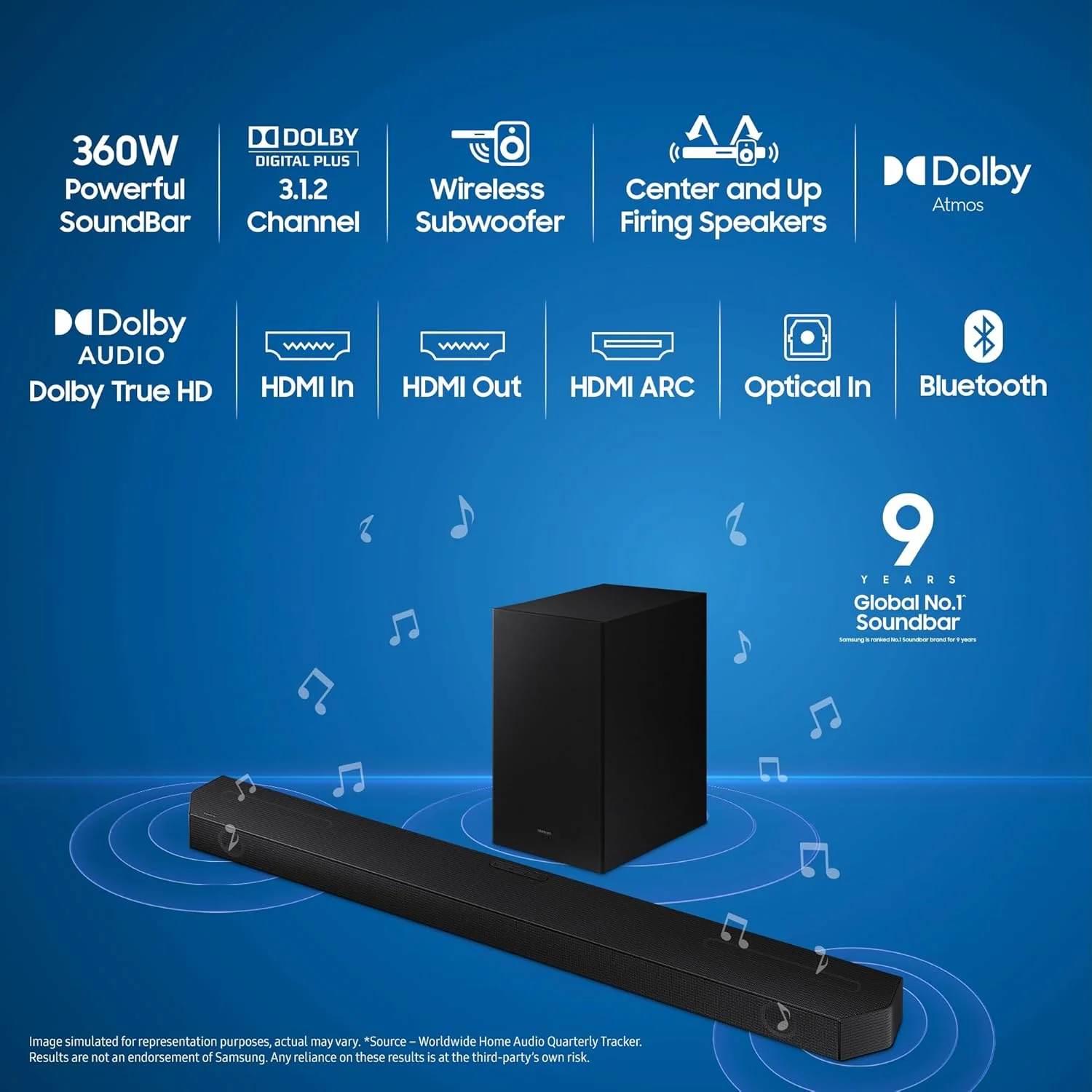 Samsung Q-Symphony Soundbar (HW-Q600C/XL), USB, Bluetooth with 3.1.2 Channel, Wireless Subwoofer, and 2 Up-Firing Speakers, Dolby Atmos Music (Black) - Image 11