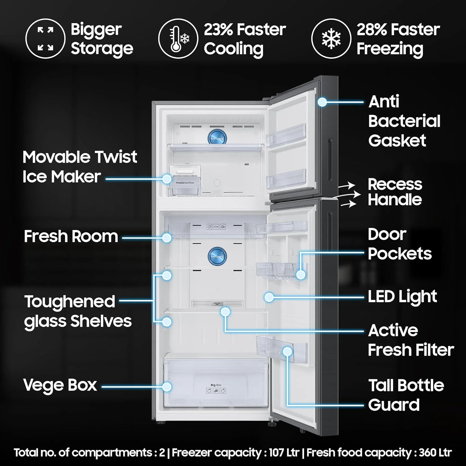 Samsung Smart Choice 467 L, 3 Star, Convertible 5-in-1, Digital Inverter, Frost Free Double Door, Bespoke AI WiFi Enabled Refrigerator (RT80F51C3KHL, Luxe Black) - Image 5