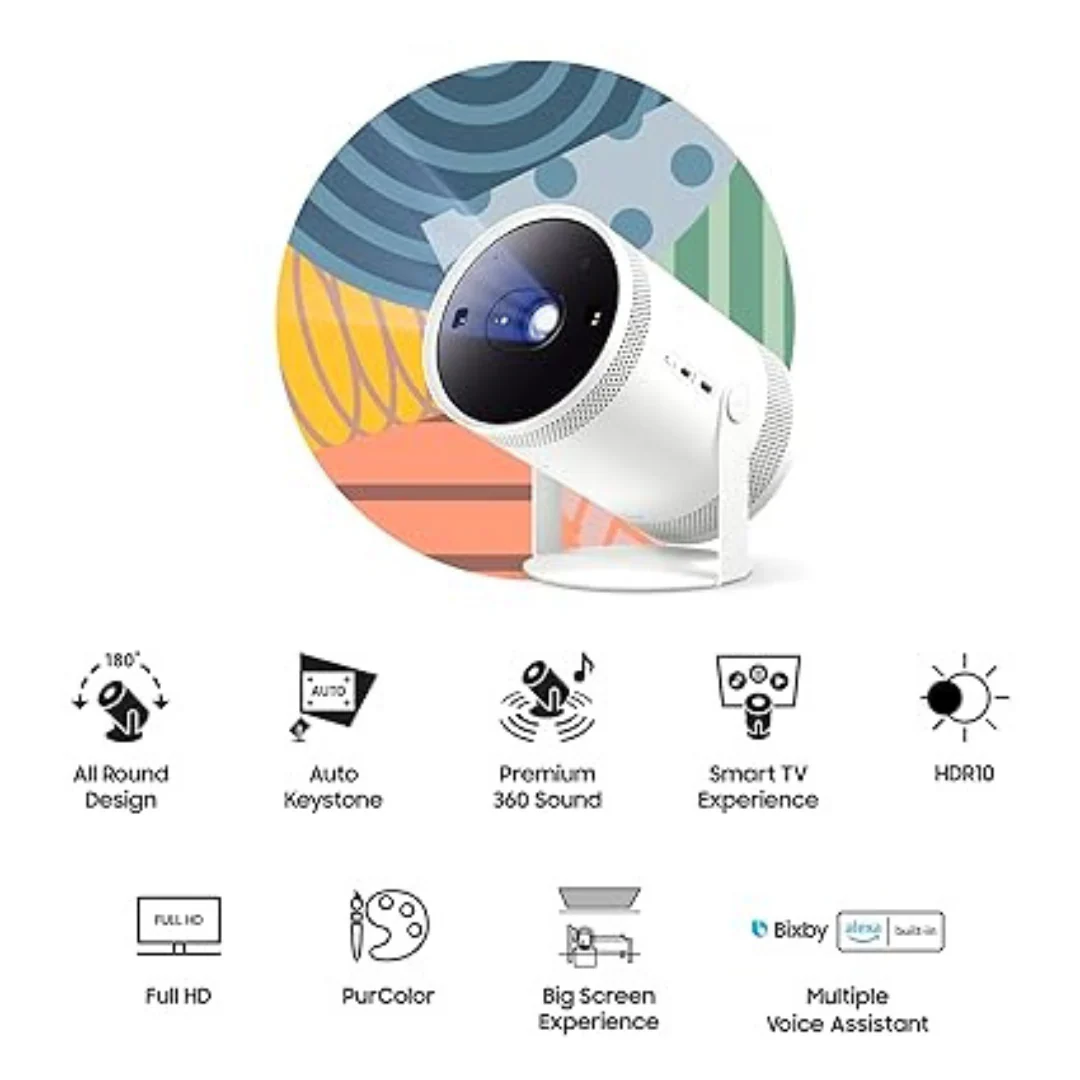 Samsung The Freestyle 100" Smart and Compact Portable LED Projector with in-Built OTT Apps (SP-LSP3BLAXXL, HDR10, Wi-Fi, 360 Sound, 180 Degree Projection Angle, Auto Focus & Auto Key Stone, White) - Image 3