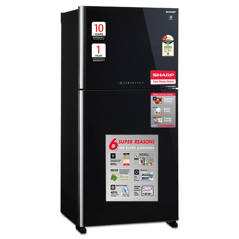 SHARP 613L 2 Star J-Tech Inverter Frost Free Double Door Refrigerator (SJGP60TBKEC, Glass Black, Plasmacluster Ions, Express Freeze, Hybrid Cooling)