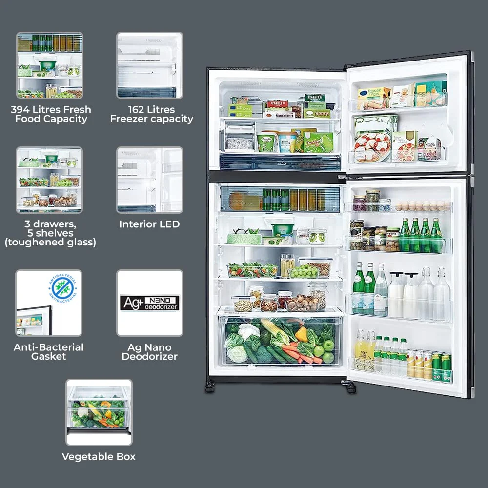 SHARP 613L 2 Star J-Tech Inverter Frost Free Double Door Refrigerator (SJGP60TBKEC, Glass Black, Plasmacluster Ions, Express Freeze, Hybrid Cooling) - Image 2