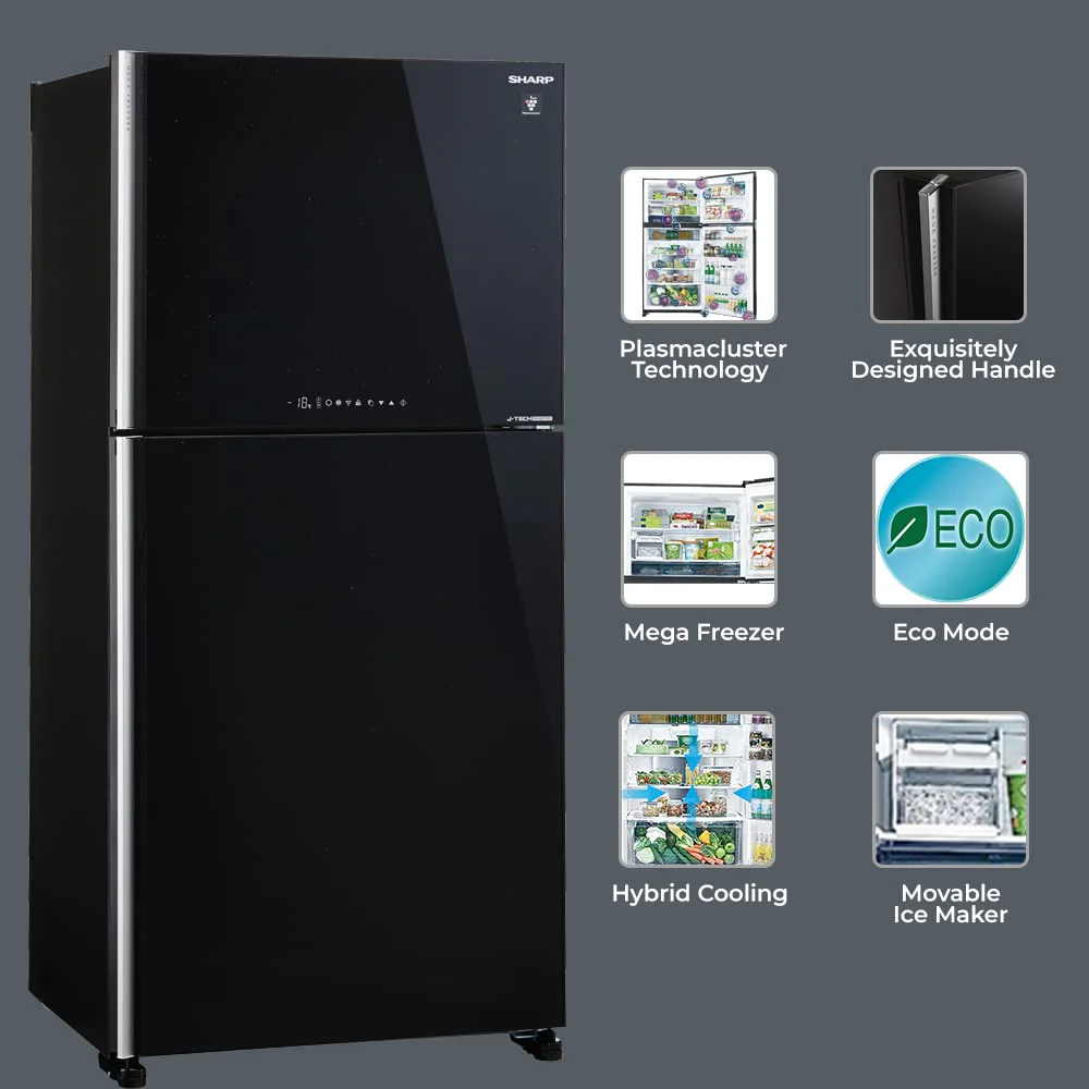 SHARP 613L 2 Star J-Tech Inverter Frost Free Double Door Refrigerator (SJGP60TBKEC, Glass Black, Plasmacluster Ions, Express Freeze, Hybrid Cooling) - Image 5