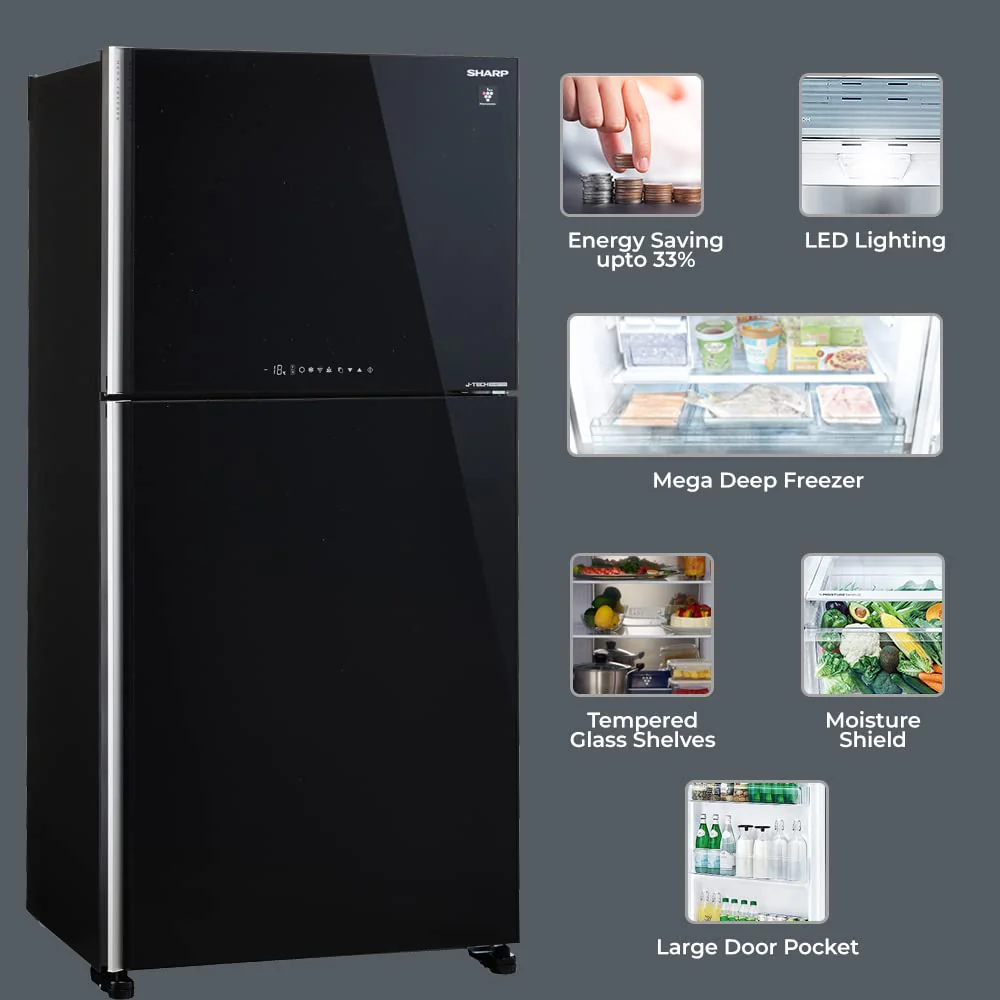 SHARP 613L 2 Star J-Tech Inverter Frost Free Double Door Refrigerator (SJGP60TBKEC, Glass Black, Plasmacluster Ions, Express Freeze, Hybrid Cooling) - Image 6