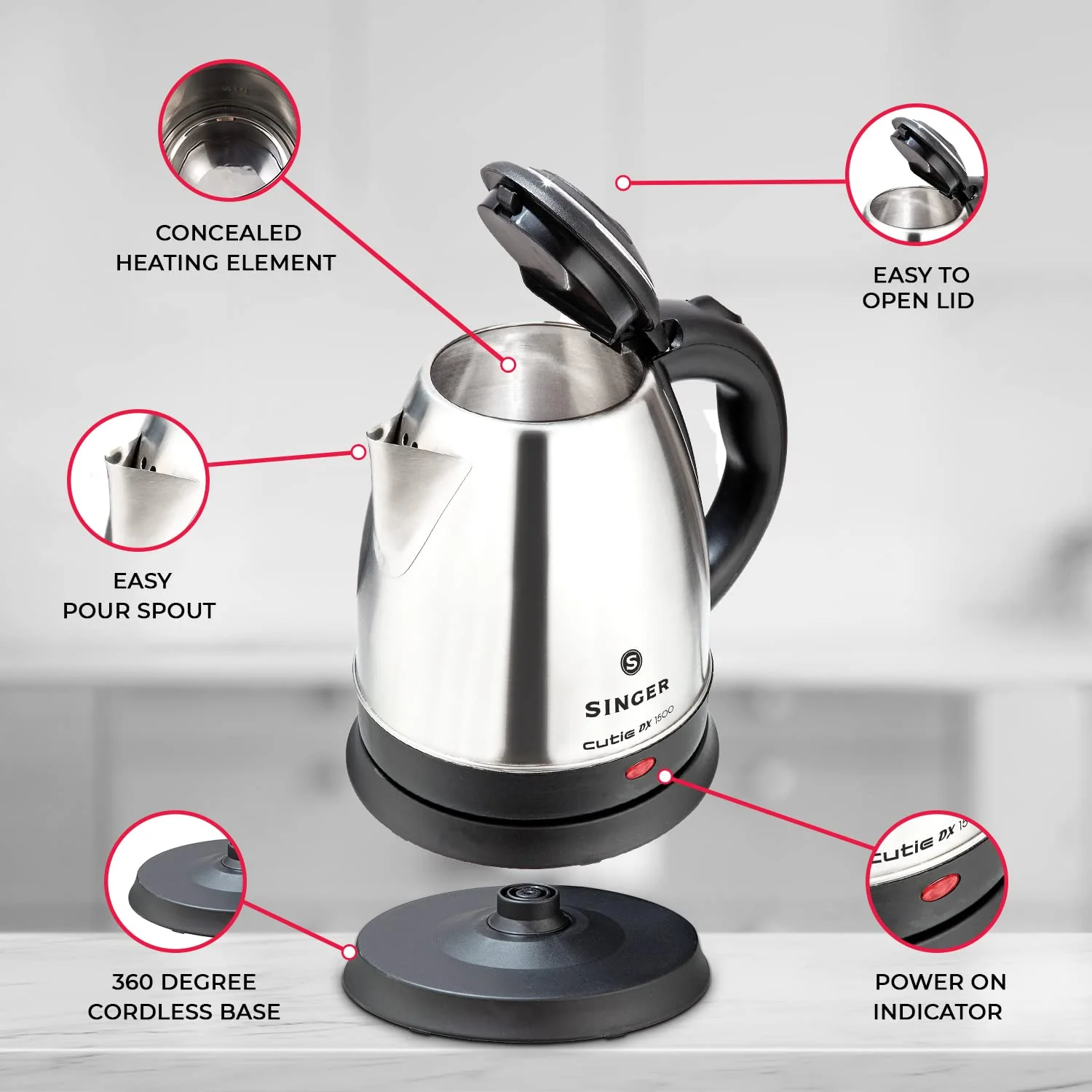 Singer Cutie DX 1500 Stainless Steel Electric Kettle, 1500 Watts - Image 6