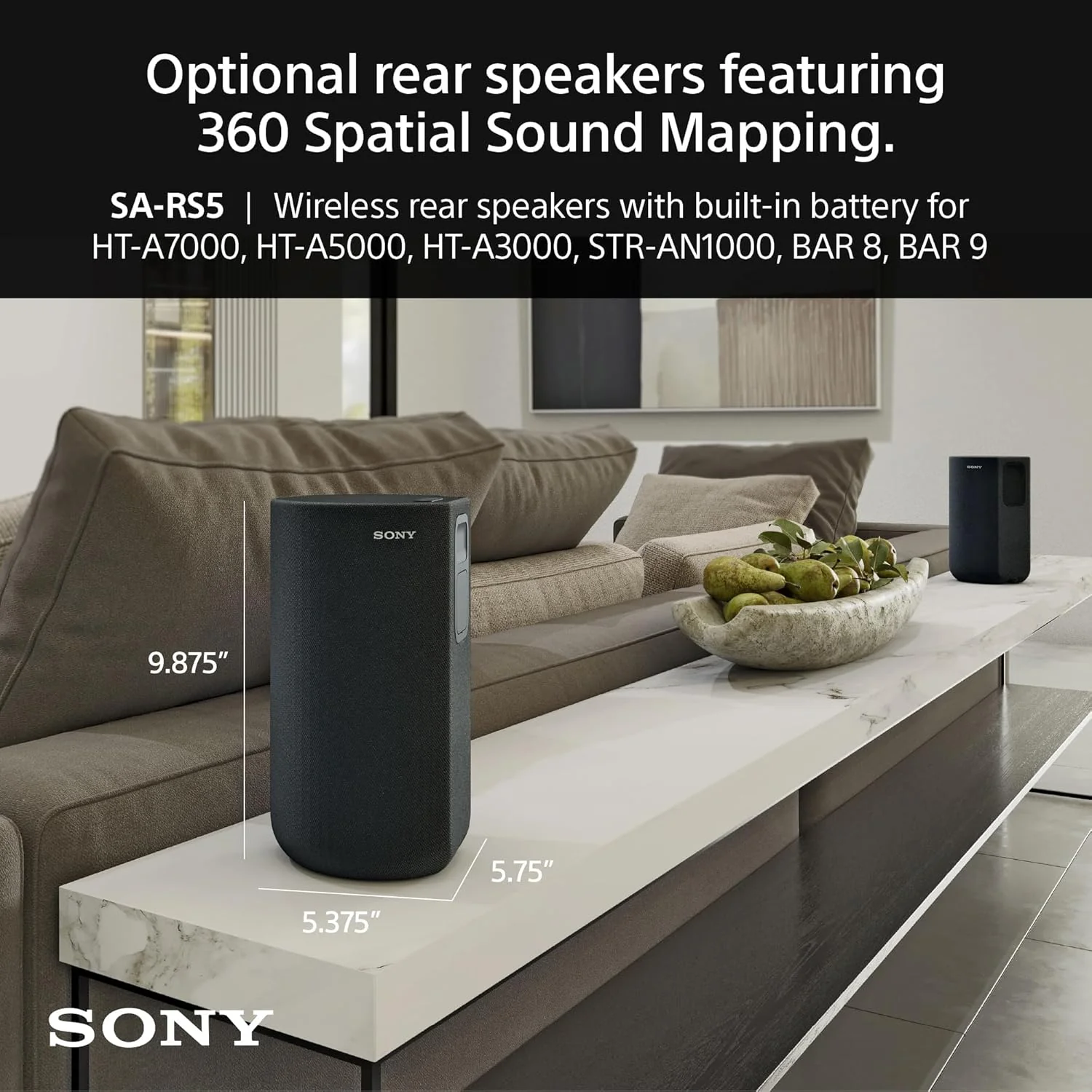 Sony SA-RS5 Wireless Rear Speakers with Built-in Battery for HT-A8000,HT-A9000 (Black) - Image 2