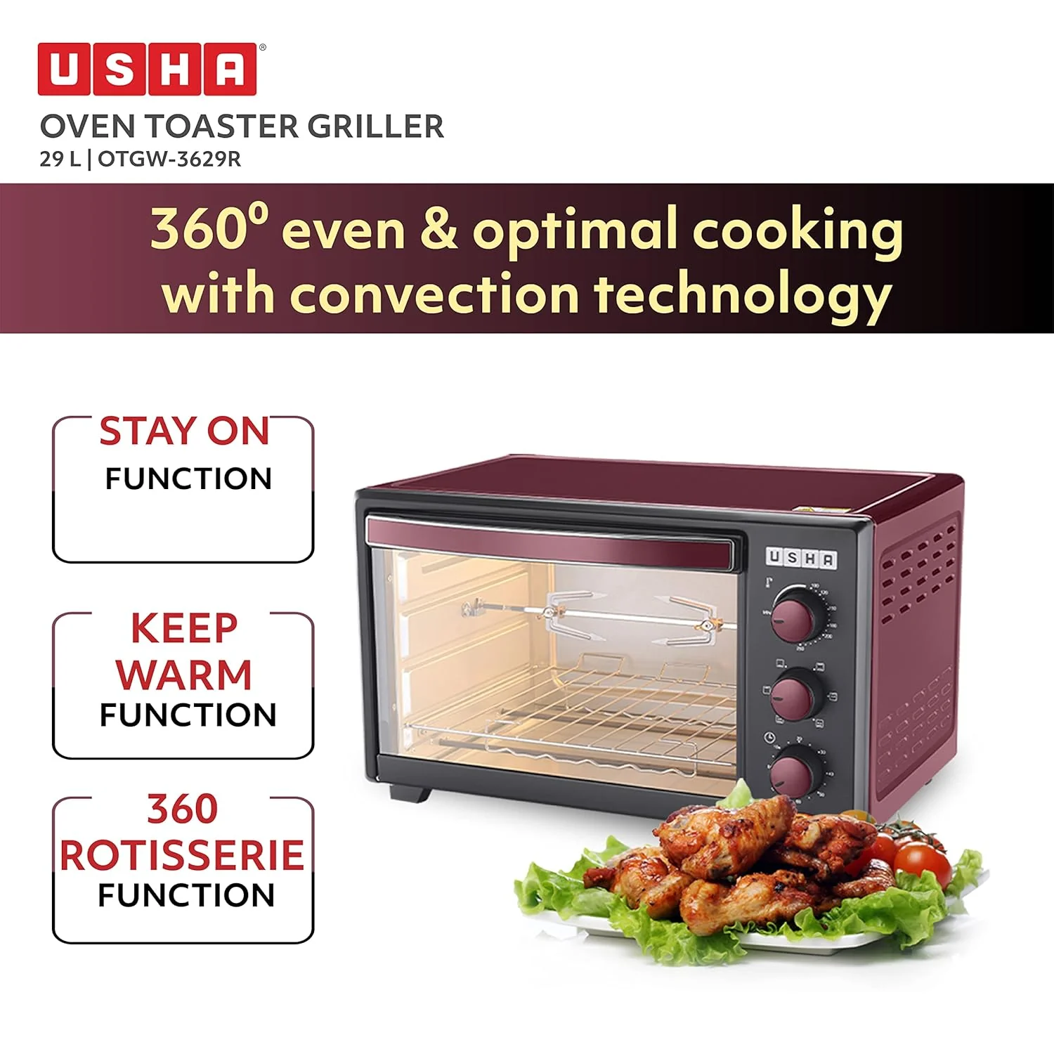 Usha 29 Litre (OTGW 3629R) Oven Toaster Grill (Wine &amp; Matte Black) 1600 W - Image 3