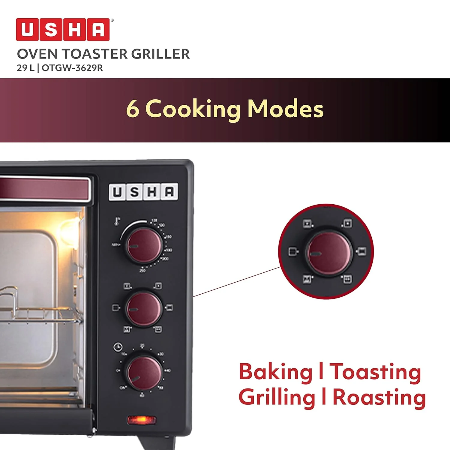 Usha 29 Litre (OTGW 3629R) Oven Toaster Grill (Wine &amp; Matte Black) 1600 W - Image 4