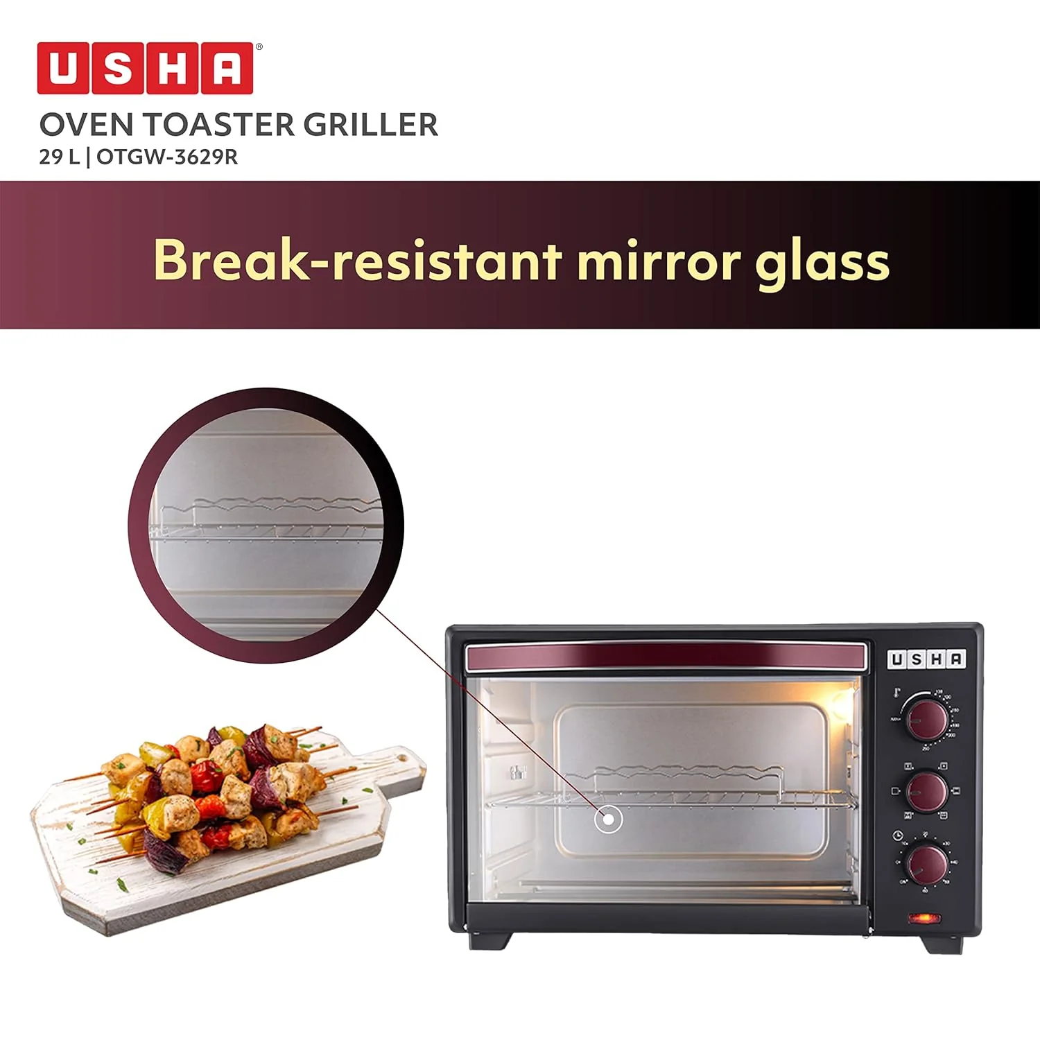 Usha 29 Litre (OTGW 3629R) Oven Toaster Grill (Wine &amp; Matte Black) 1600 W - Image 5