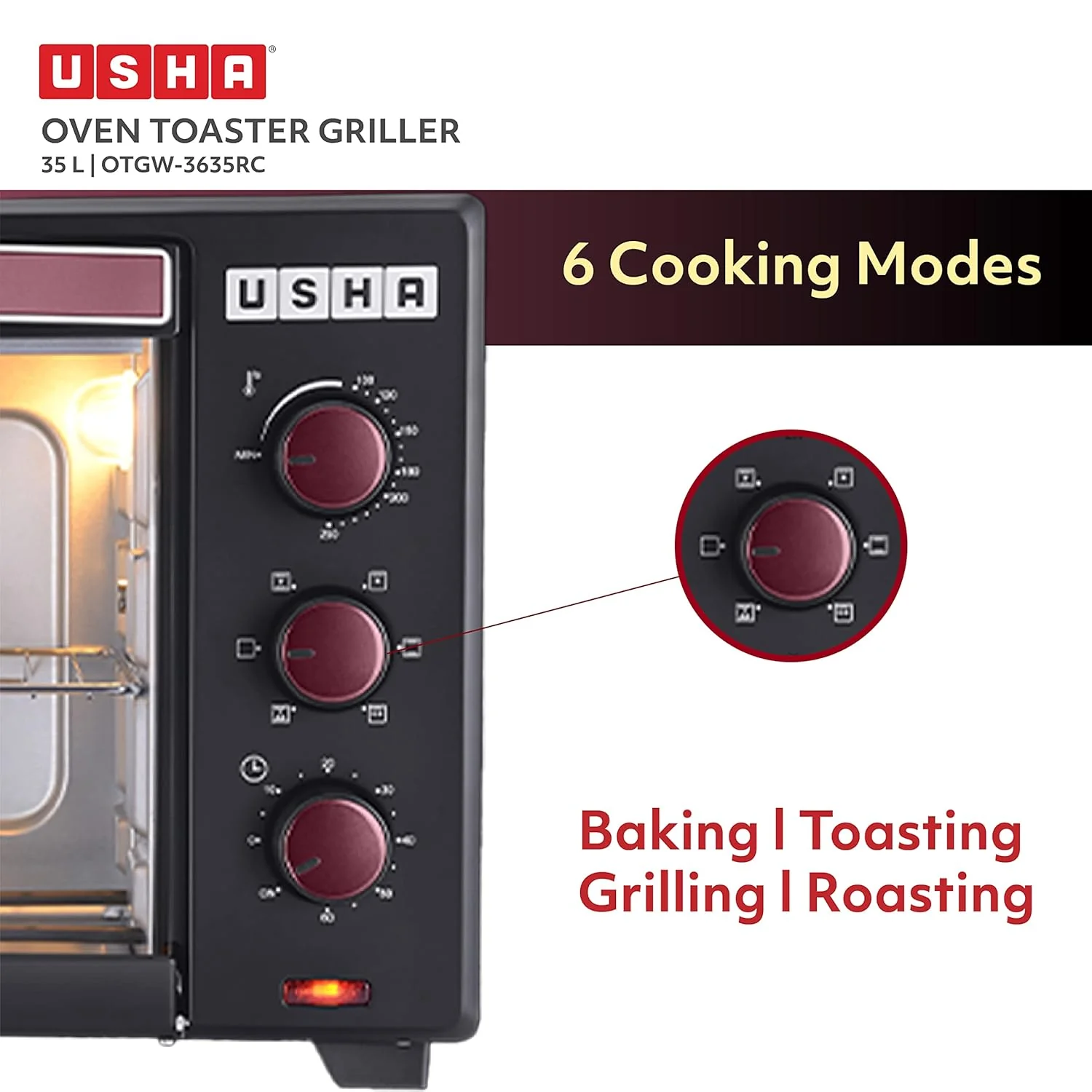 USHA 3635Rc 35L Oven Toaster Grill With Rotisserie And Convection For 360 Degree Even Cooking, 6 Mode Heating Function(Wine & Matte Black), 1600 Watts, 35 liter - Image 4