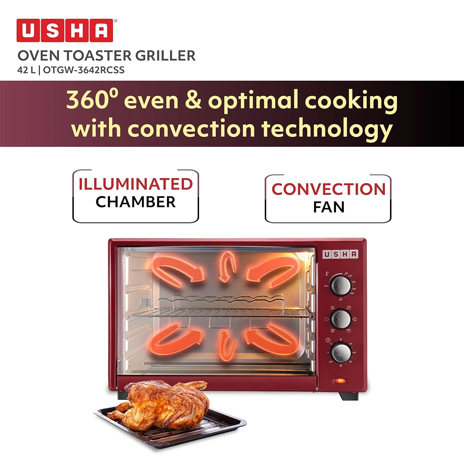 USHA 3642Rcss 42 Liters Oven Toaster Grill With Rotisserie And Convection, 2000 Watts, 6 Mode Heating Function (Stainless Steel &amp; Wine) - Image 4