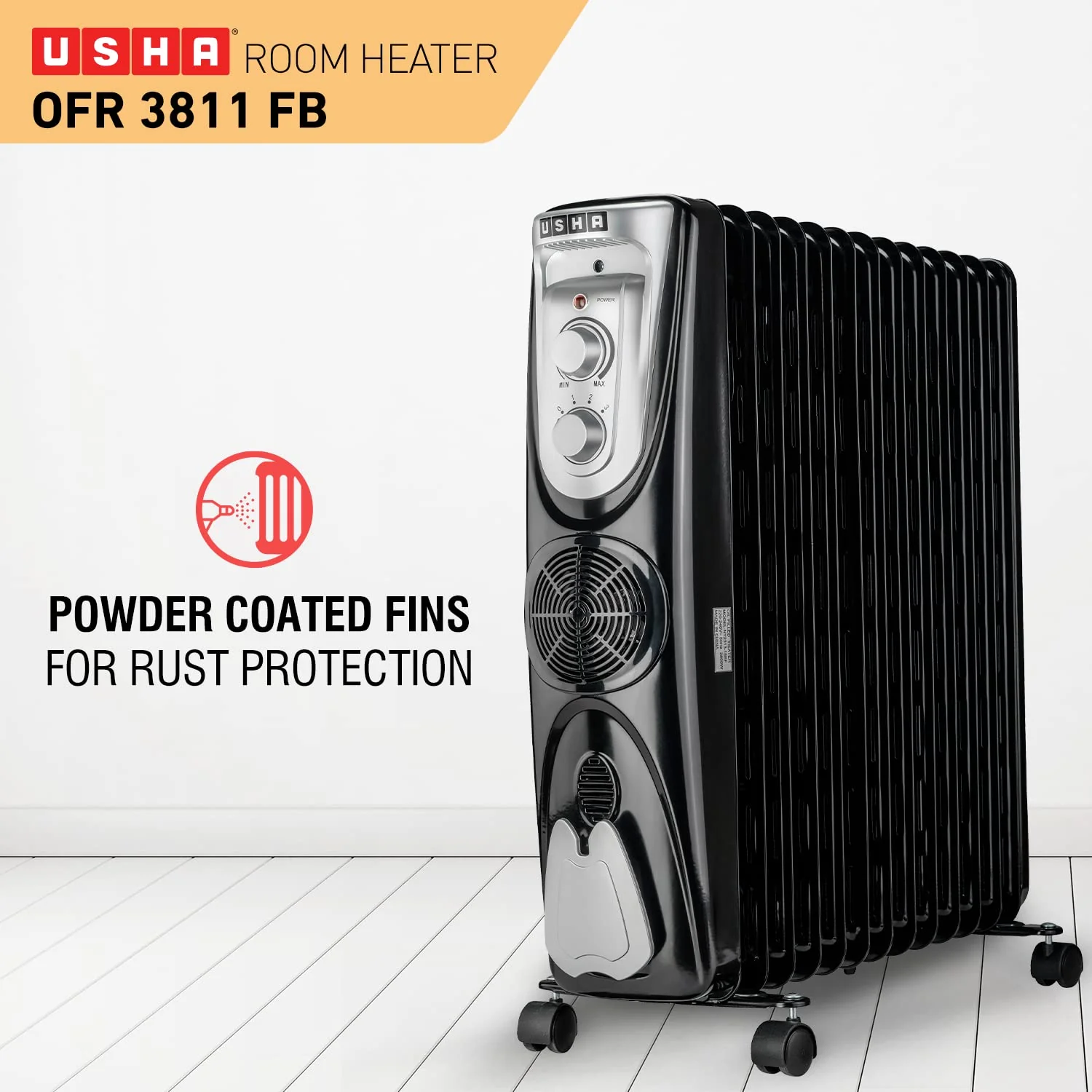 Usha 3811 FB OFR Heater 2300W – 11 Fin, Fan, Thermostat Control (Open Box / Without Box) - Image 4