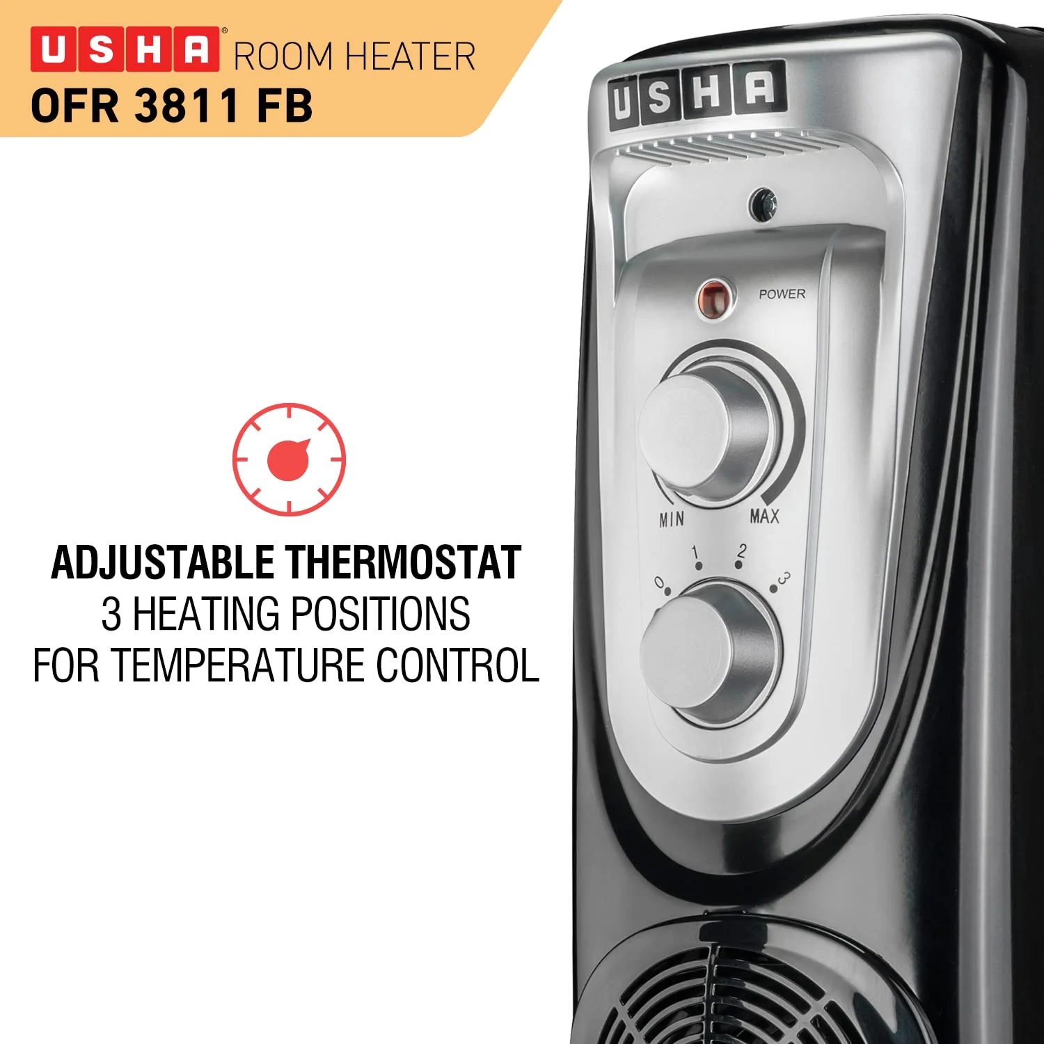 Usha 3811 FB OFR Heater 2300W – 11 Fin, Fan, Thermostat Control (Open Box / Without Box) - Image 5