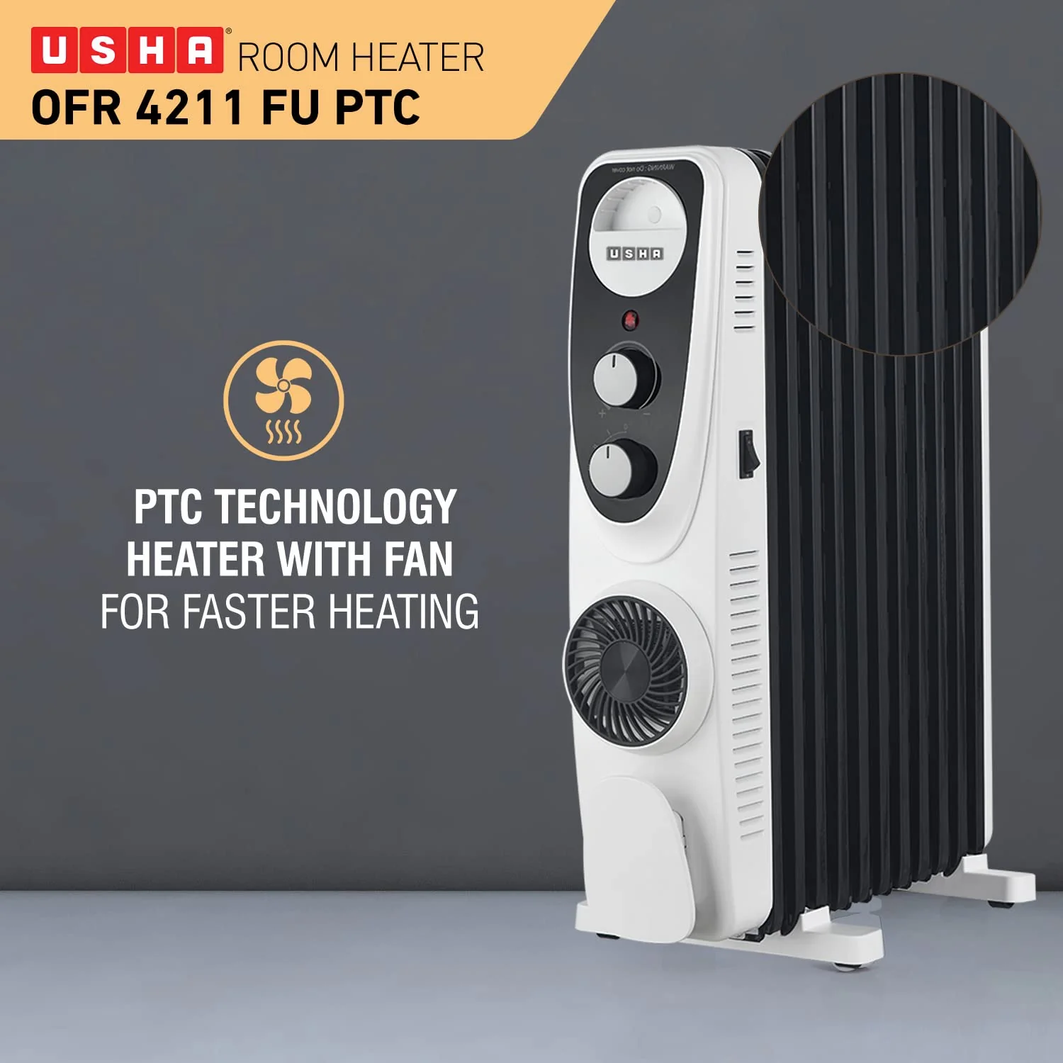 USHA 4213 FU PTC U Shaped 13 Fin Oil Filled Radiator Room Heater (Black),2400 Watts - Image 2