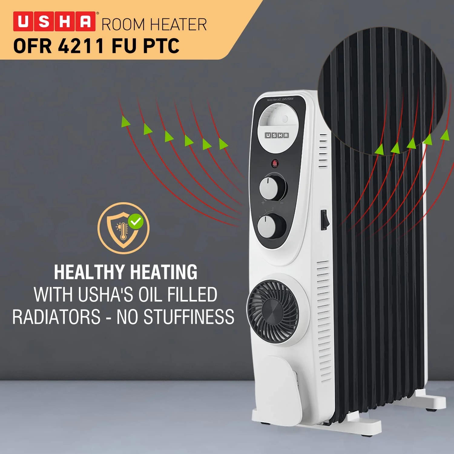 USHA 4213 FU PTC U Shaped 13 Fin Oil Filled Radiator Room Heater (Black),2400 Watts - Image 3