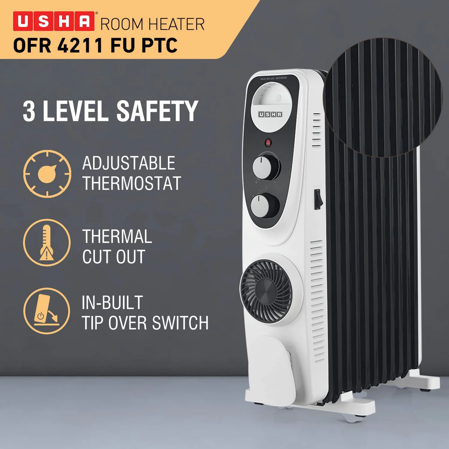 USHA 4213 FU PTC U Shaped 13 Fin Oil Filled Radiator Room Heater (Black),2400 Watts - Image 4