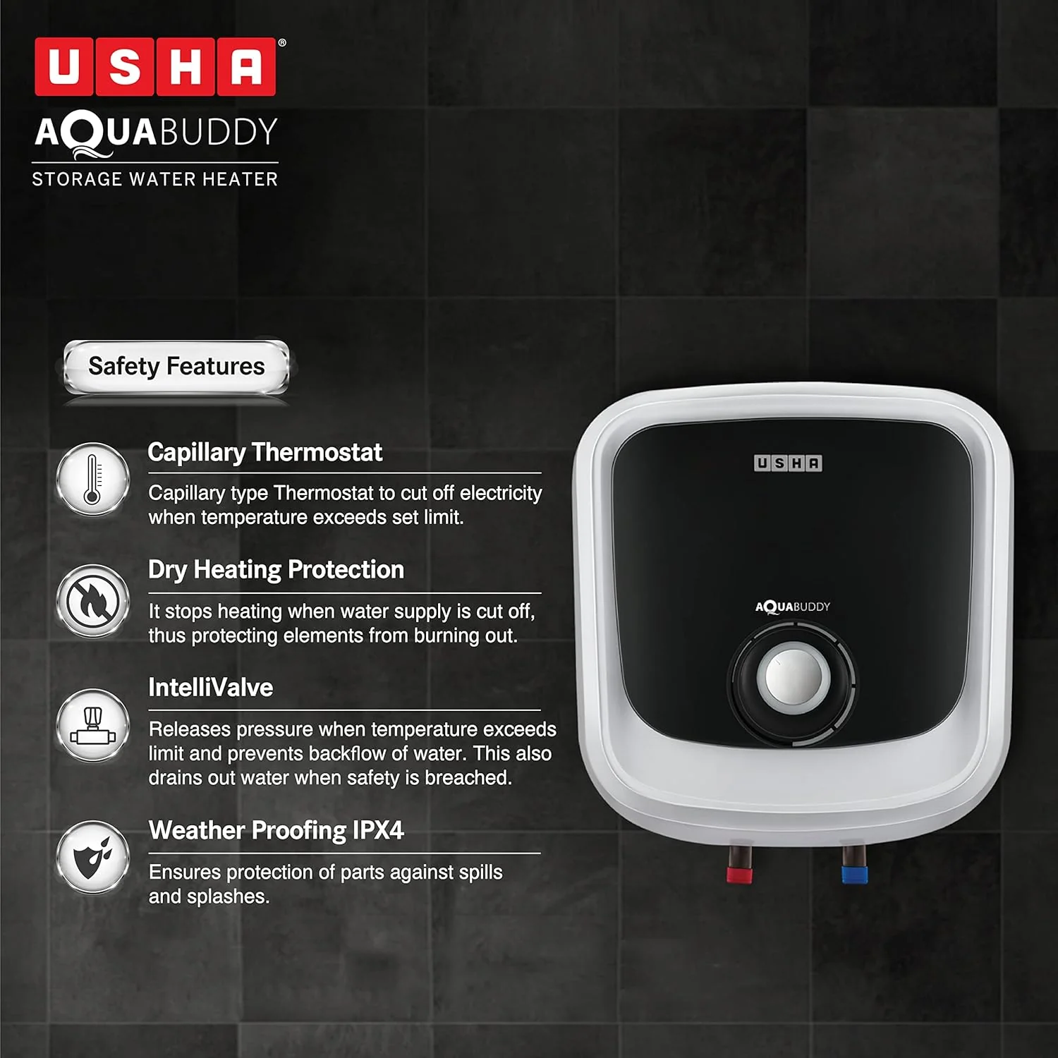 Usha Aquabuddy 25 Litre Storage Water Heater with Free Installation (White Black) - Image 4