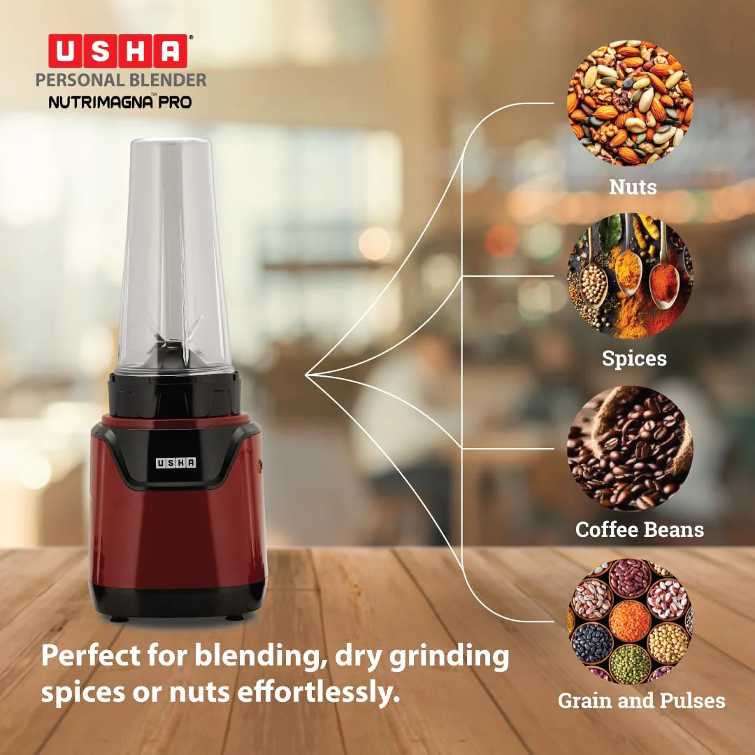 USHA Blender Nutrimagna Pro | 600W |On the Go Blender| Stainless steel blades| Spill proof spout and store lid | 2 blade assembly | Maroon - Image 2