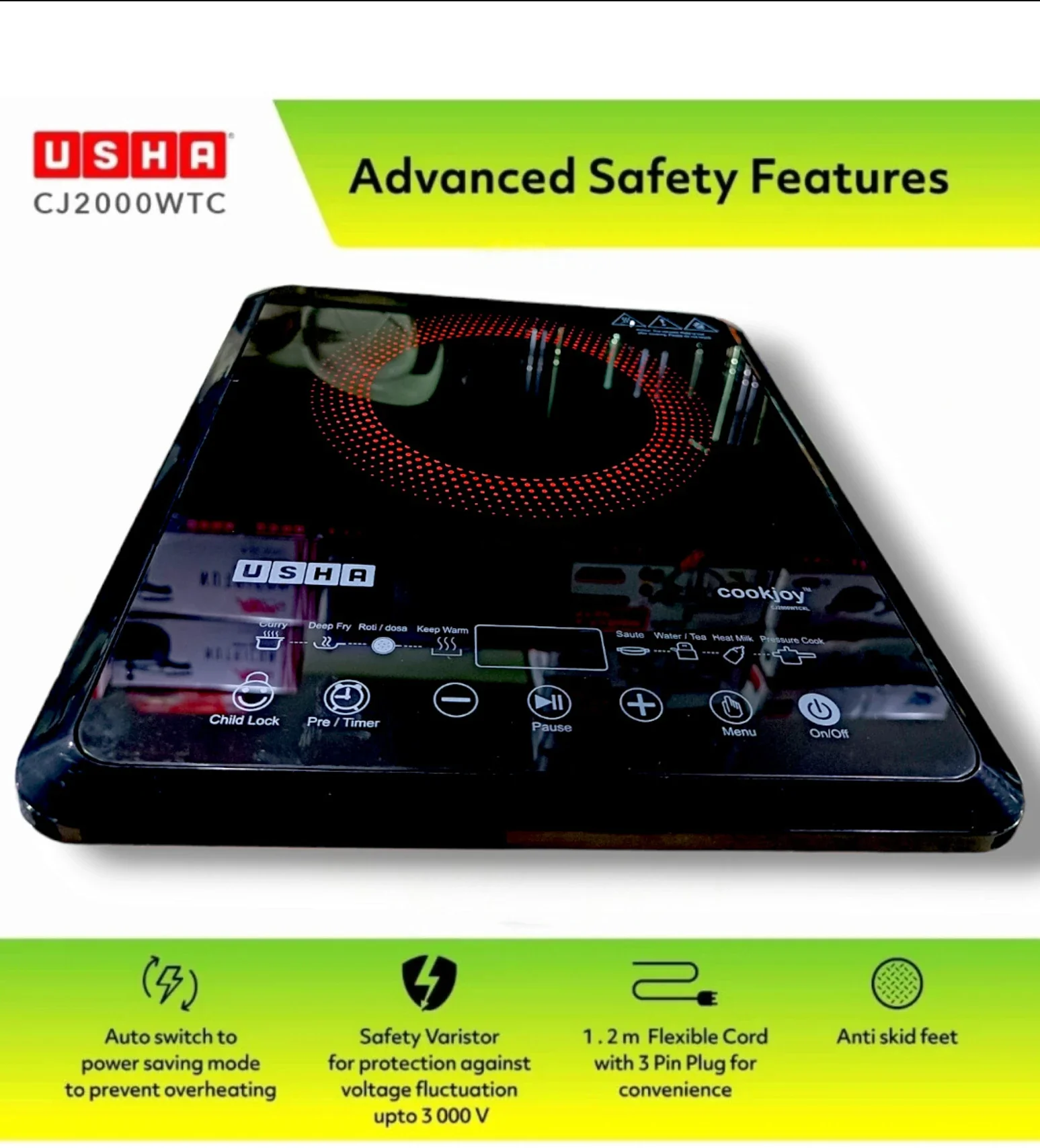 Usha CJ2000WTCXL 2000 Watt Induction Cooktop | Touch Control | Black - Image 4