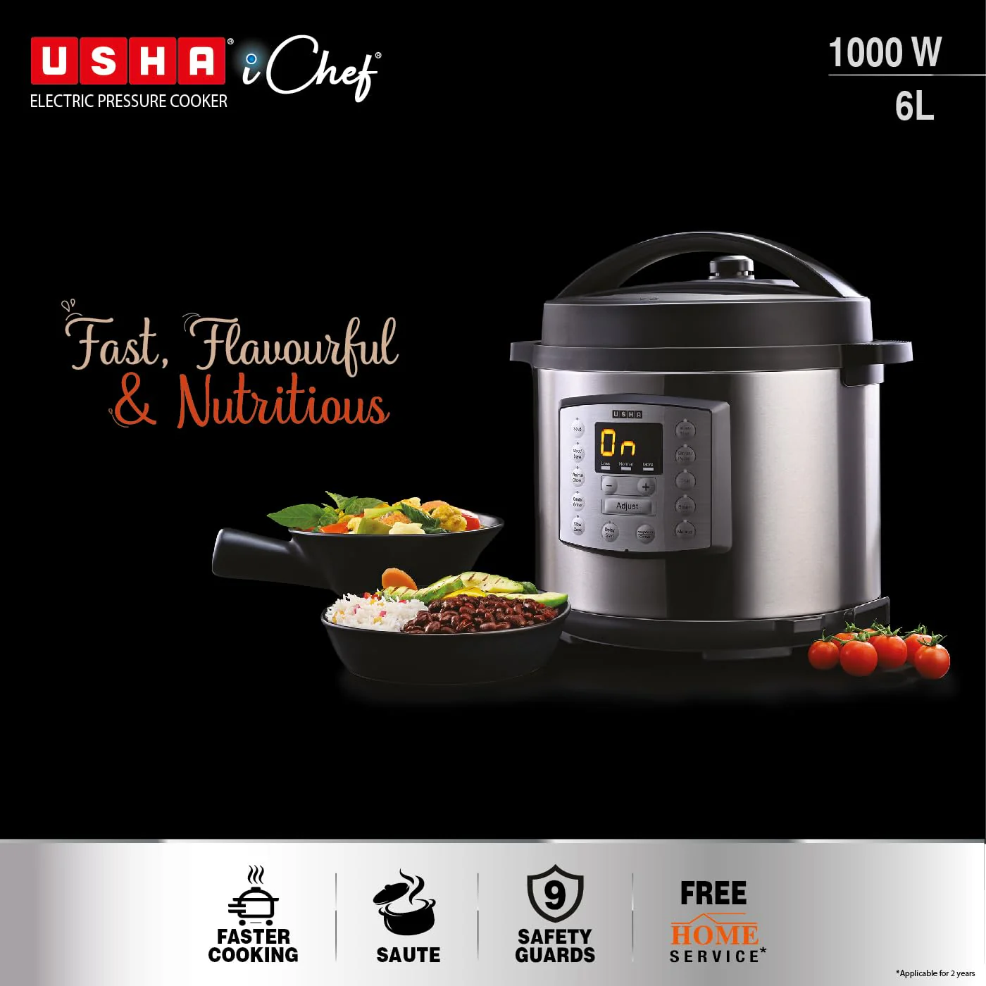 Usha iChef 6 Litre Electric Pressure Cooker | 1000W | 10 Indian Preset Menu | Keep Warm Fuction | Delay Timer | Slow Cooker | Automatic Rice Cooker, Steamer & More (Stainless Steel) - Image 2