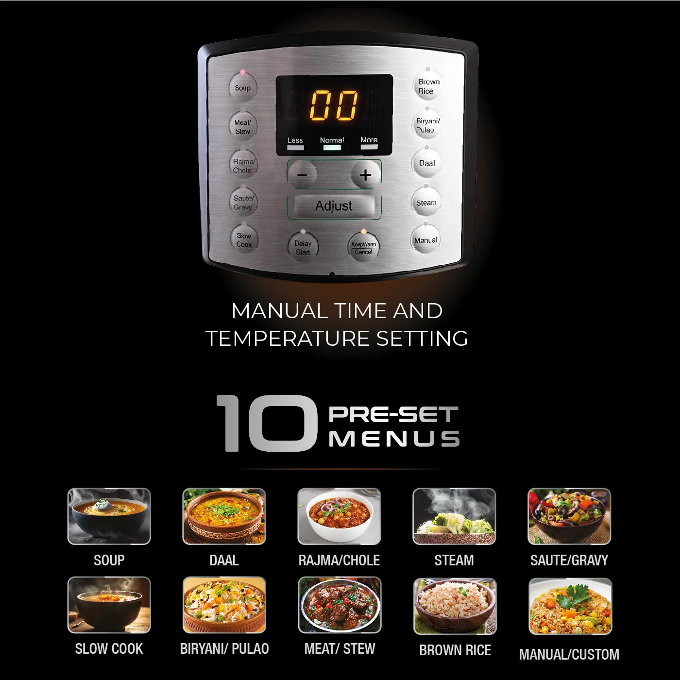 Usha iChef 6 Litre Electric Pressure Cooker | 1000W | 10 Indian Preset Menu | Keep Warm Fuction | Delay Timer | Slow Cooker | Automatic Rice Cooker, Steamer & More (Stainless Steel) - Image 3