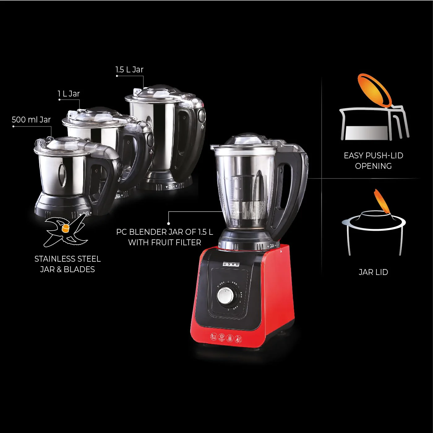 USHA ICHEF 750 Watt Copper Motor Mixer Grinder with 3 SS Jars & Translucent blender PC Jar with fruit filter| Hands Free operation with Dual Safety Lock| (Red/Black) - Image 5