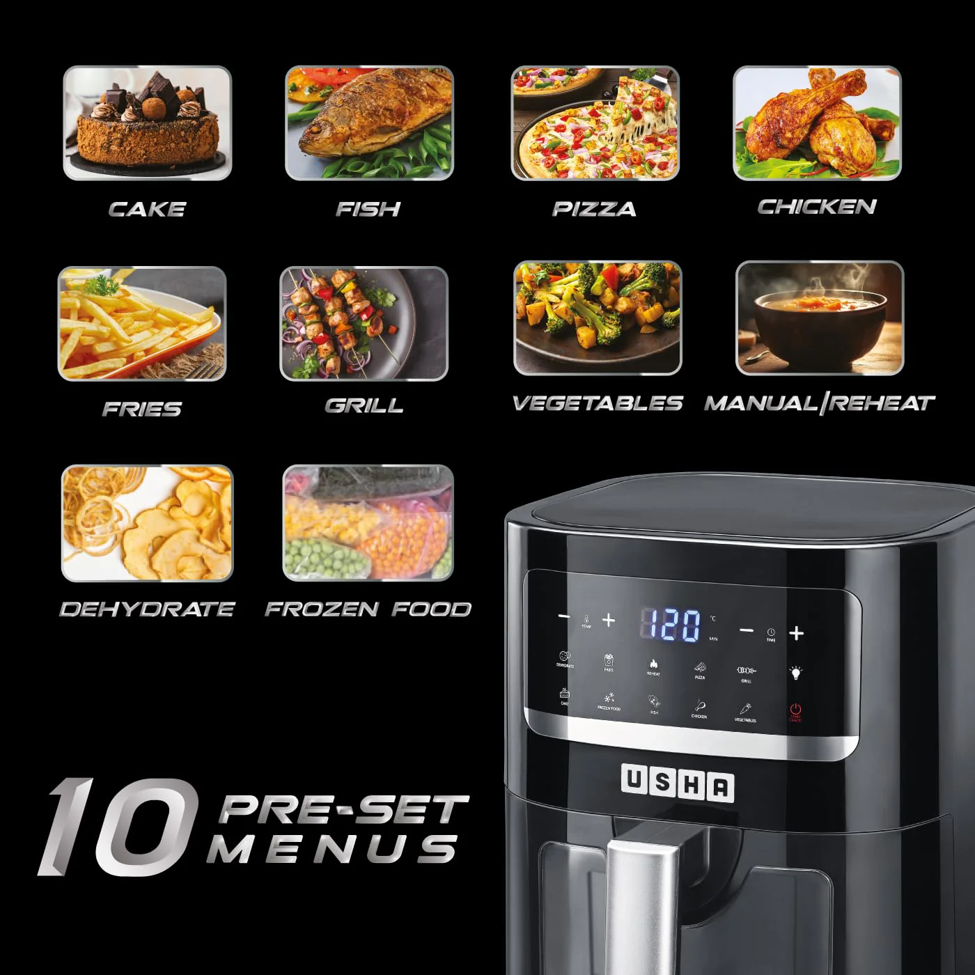 USHA Ichef Smart Air Fryer 4.5L,10 In 1 Functions10 Preset Menu|Digital Display&Touch Panel|Transparent Window|Illuminated Chamber|Turbo Air Circulation|Oil Free Cooking|Auto Pause/Start(Black),1350W - Image 6