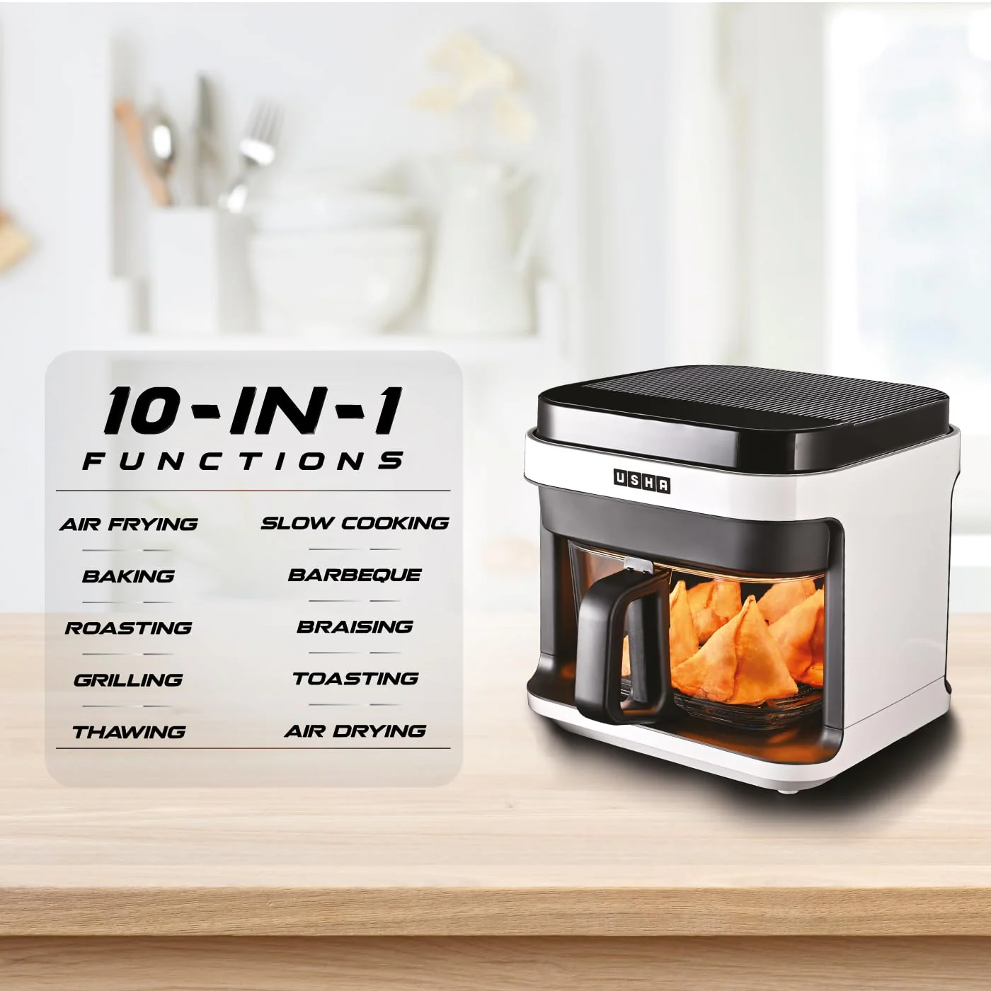 Usha iChef Smart Air Fryer 5.5L | 1200 Watt | 10 in 1 Functions | 8 Preset Menu | Turbo Air Circulation |360° View | Illuminated chamber | Oil Free Cooking | Digital display With Touch Panel (White) - Image 6